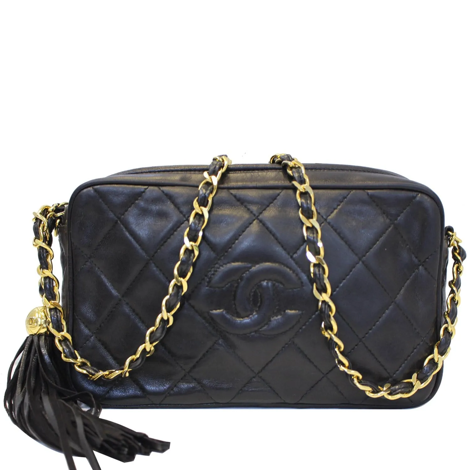CHANEL Camera Tassel Lambskin Leather Shoulder Bag Black