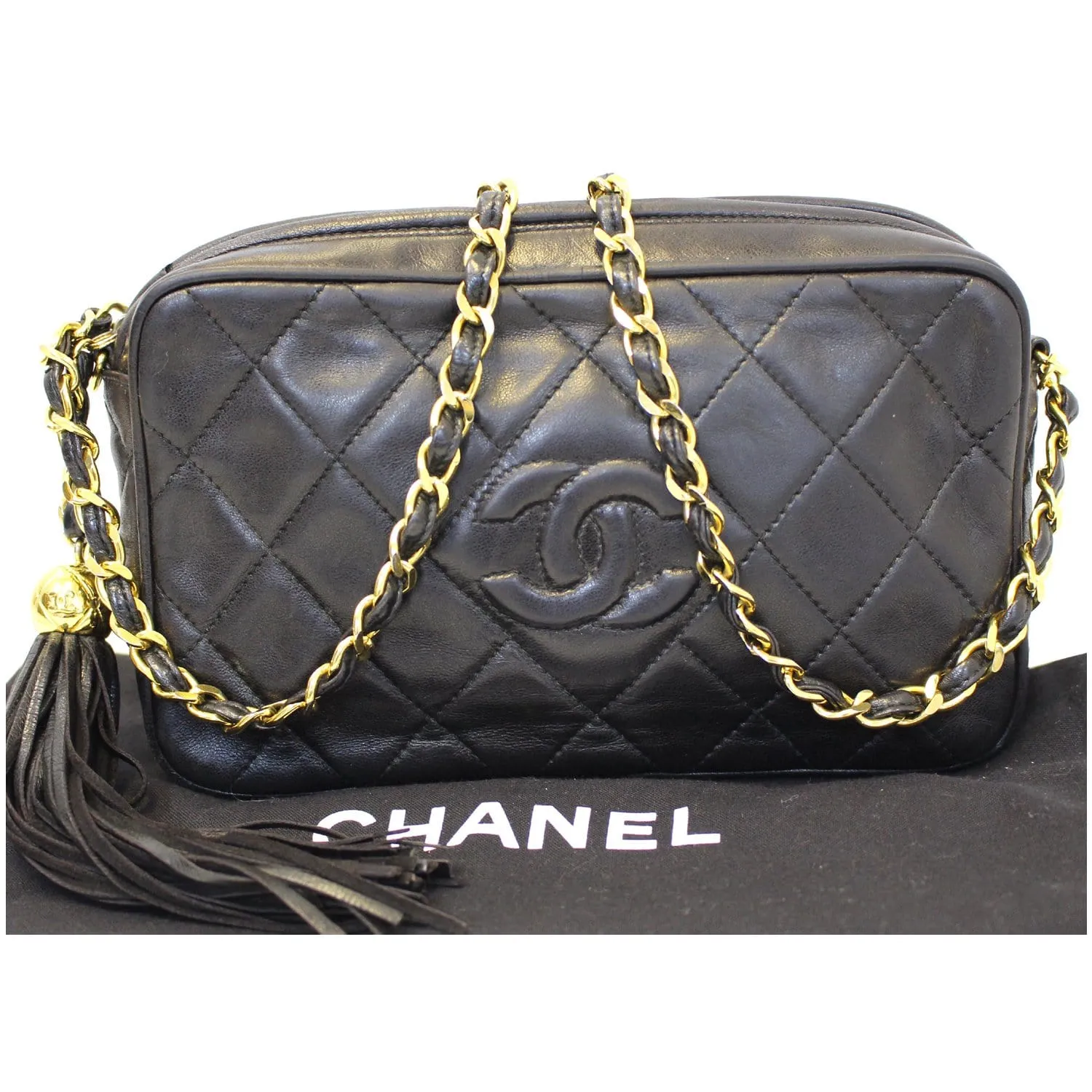 CHANEL Camera Tassel Lambskin Leather Shoulder Bag Black