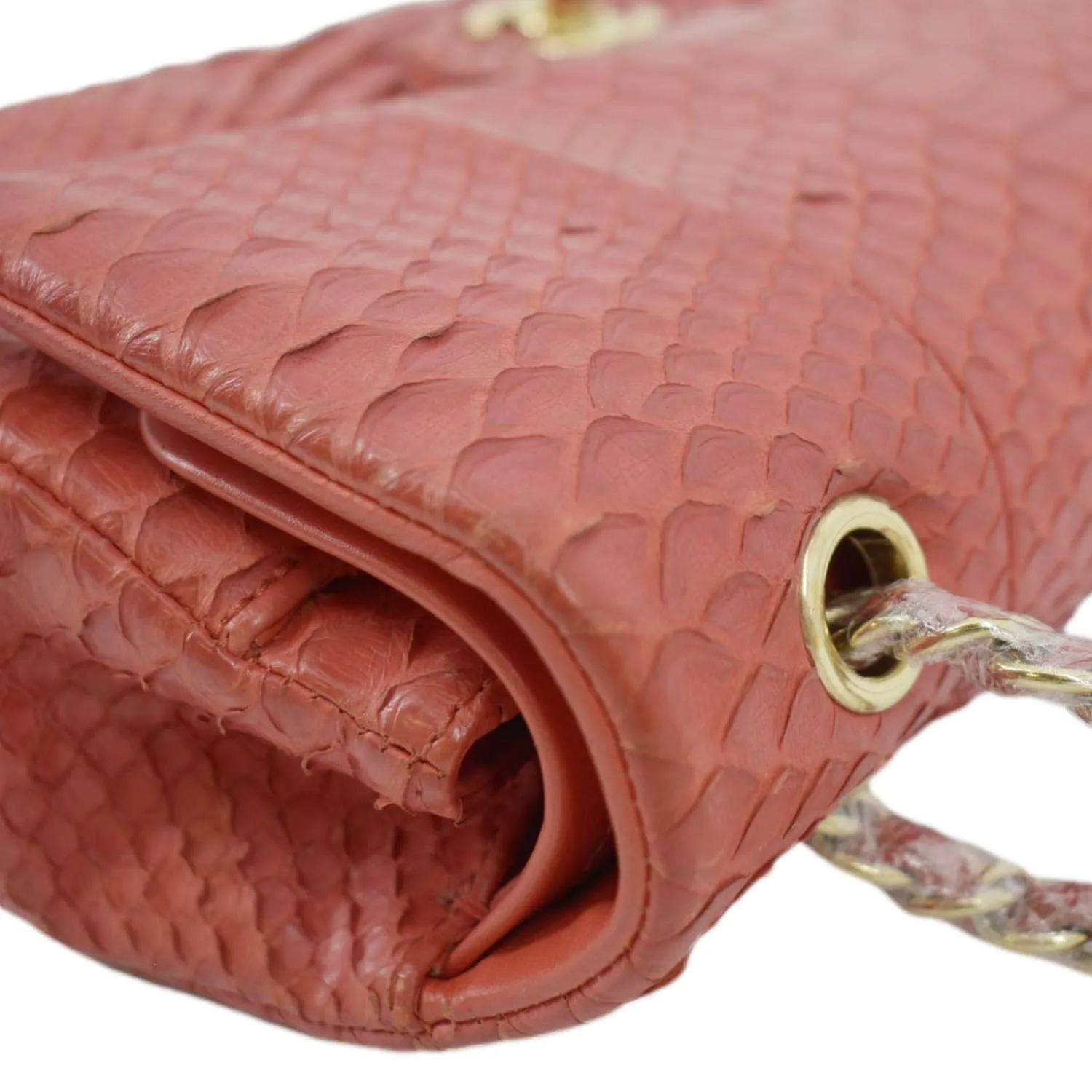 CHANEL Classic Medium Double Flap Python Leather Shoulder Bag Red