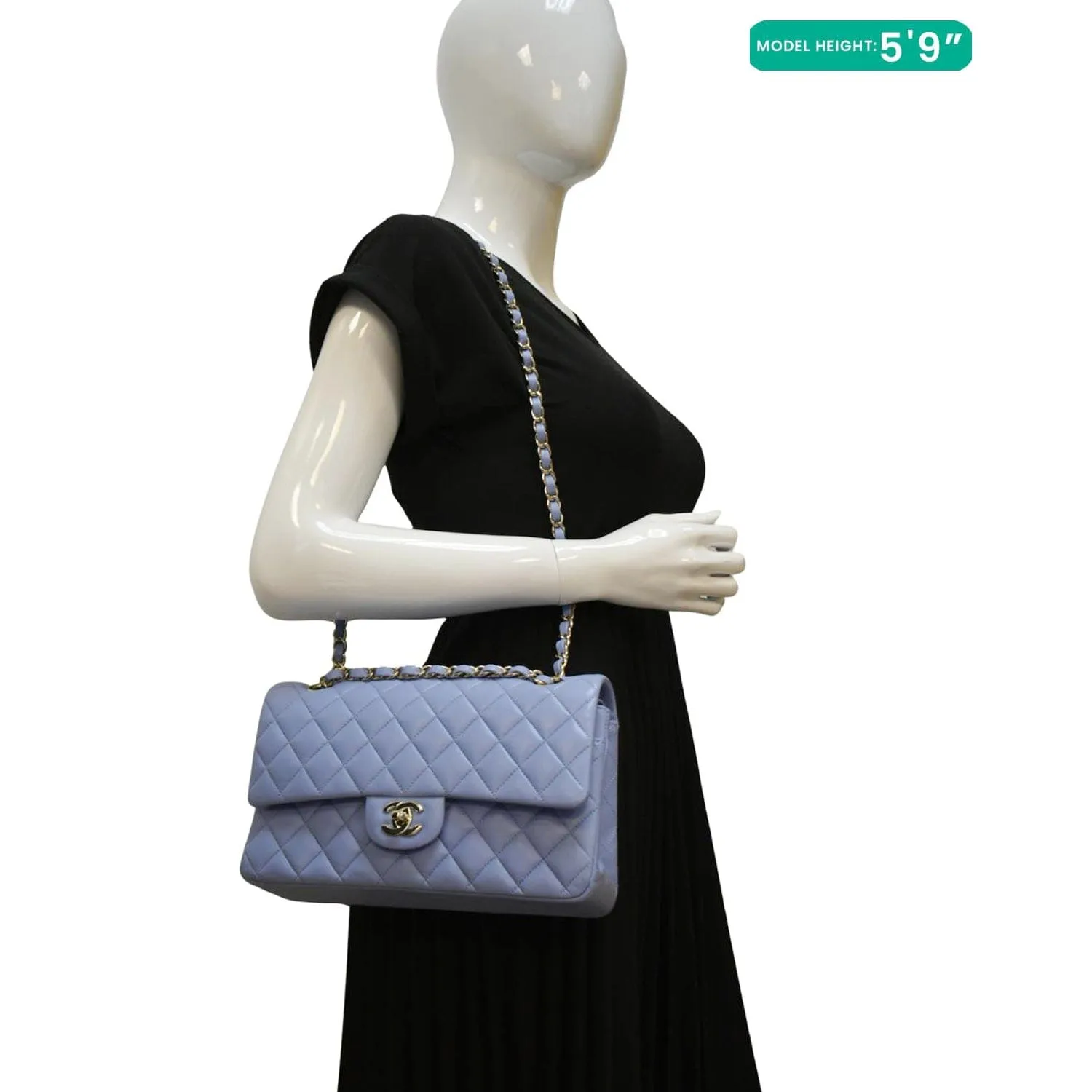 Chanel Classic Medium Double Flap Quilted Leather Shoulder Bag Light Blue