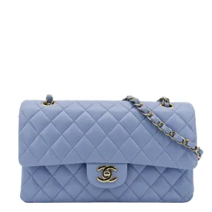 Chanel Classic Medium Double Flap Quilted Leather Shoulder Bag Light Blue