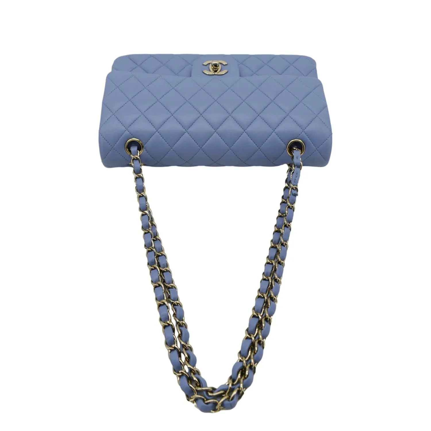 Chanel Classic Medium Double Flap Quilted Leather Shoulder Bag Light Blue
