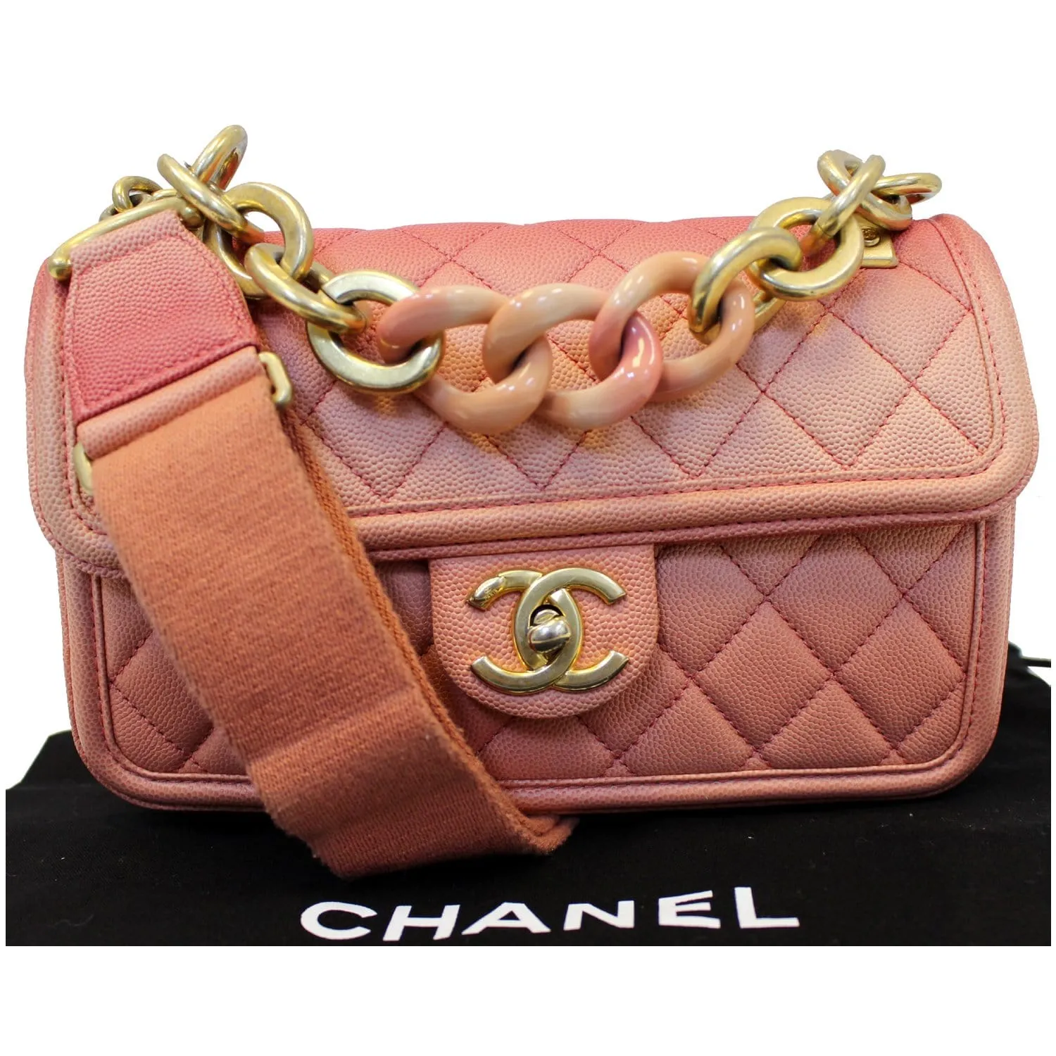 CHANEL On The Sea Caviar Leather Small Flap Shoulder Bag Coral