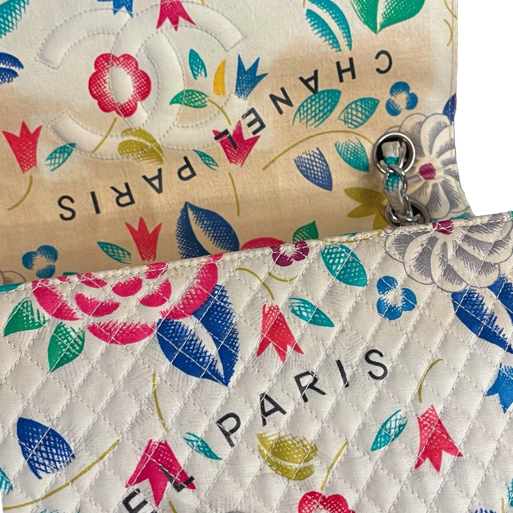 Chanel White Floral Canvas Flap Bag