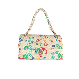 Chanel White Floral Canvas Flap Bag