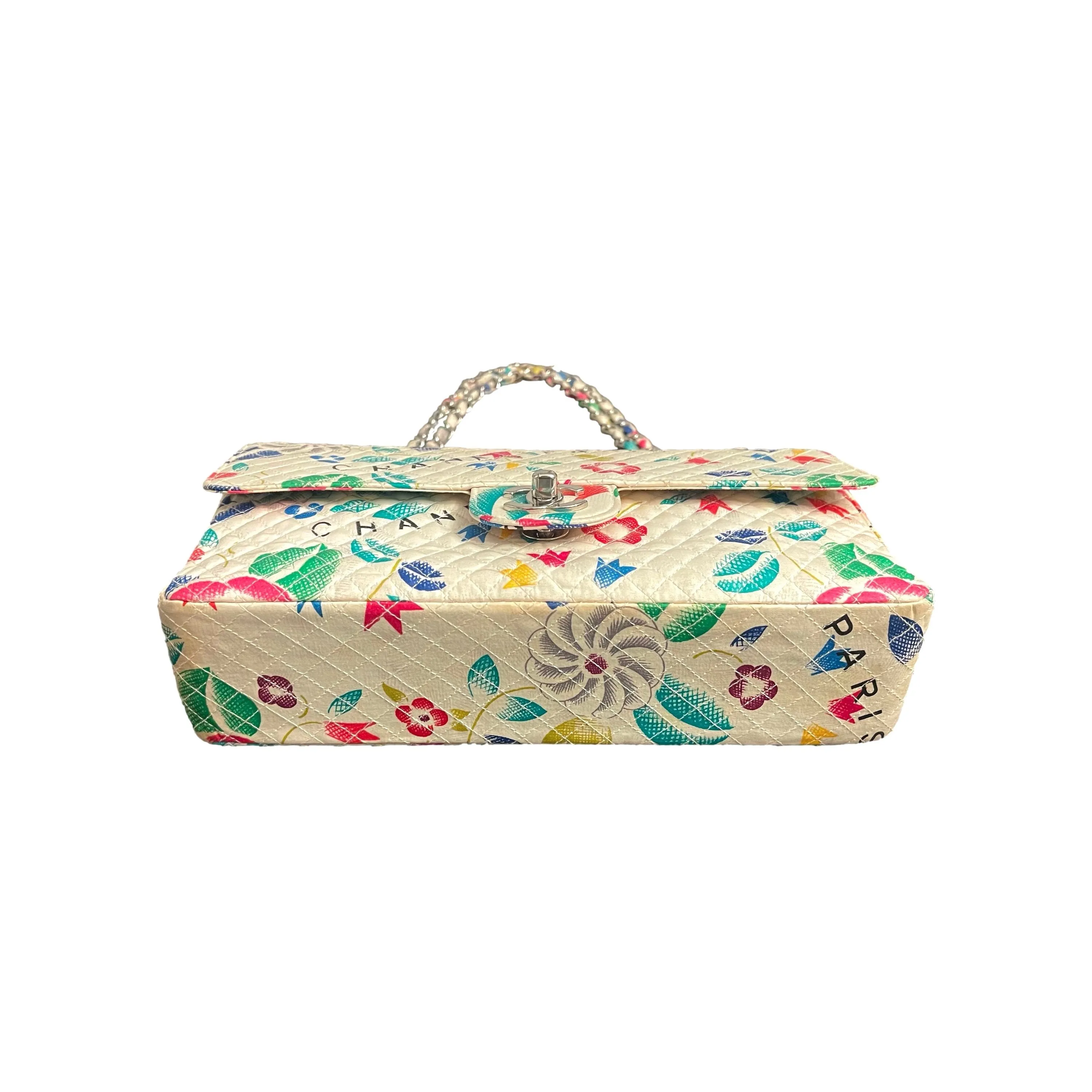 Chanel White Floral Canvas Flap Bag