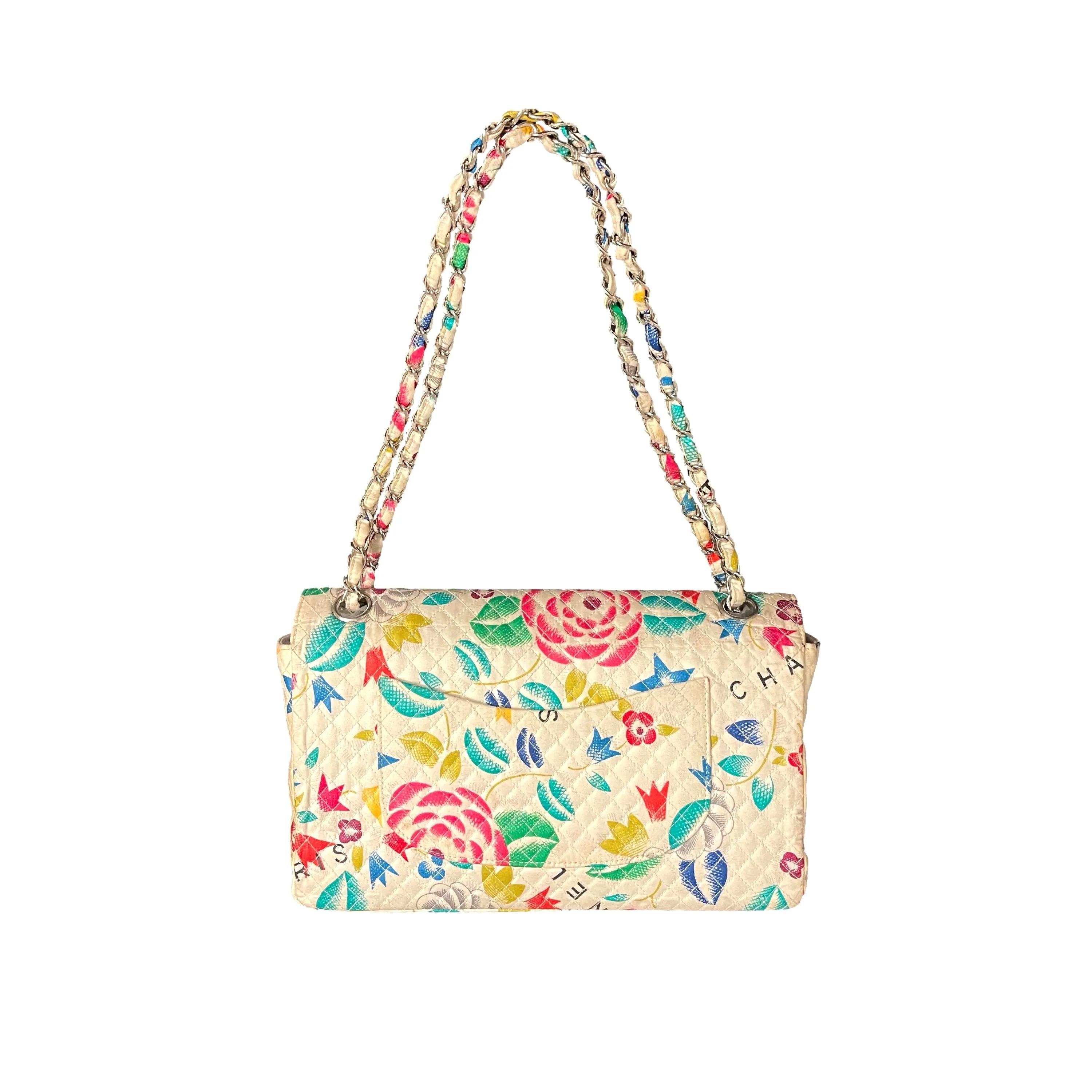 Chanel White Floral Canvas Flap Bag