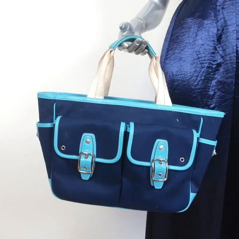 Coach Hamptons Garden Tote Marine Blue Canvas & Blue Leather Large Bag