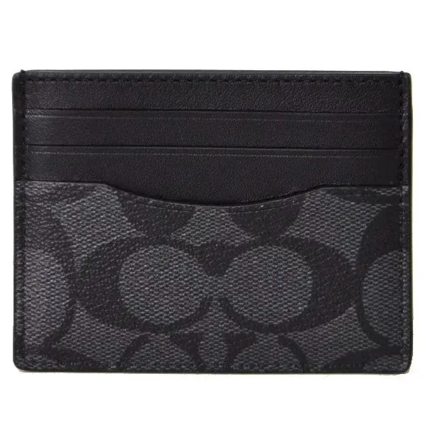 COACH Men's Coated Leather Signature Card Case Business Card Holder Charcoal x Black