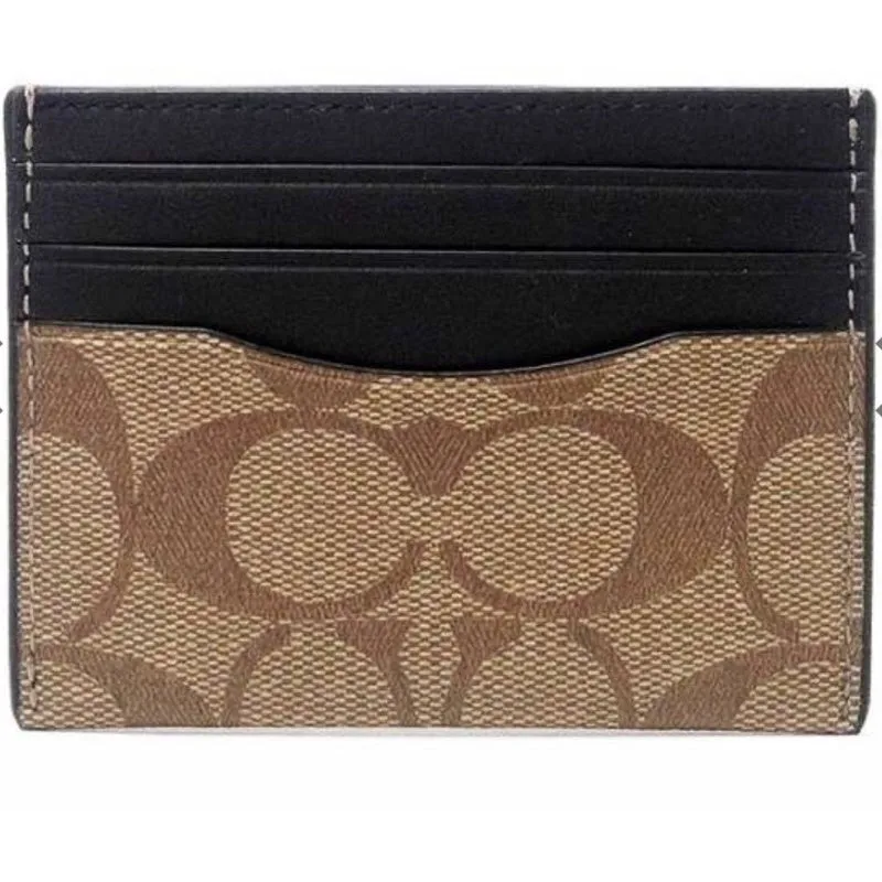 COACH Men's Coated Leather Signature Card Case Business Card Holder Charcoal x Black