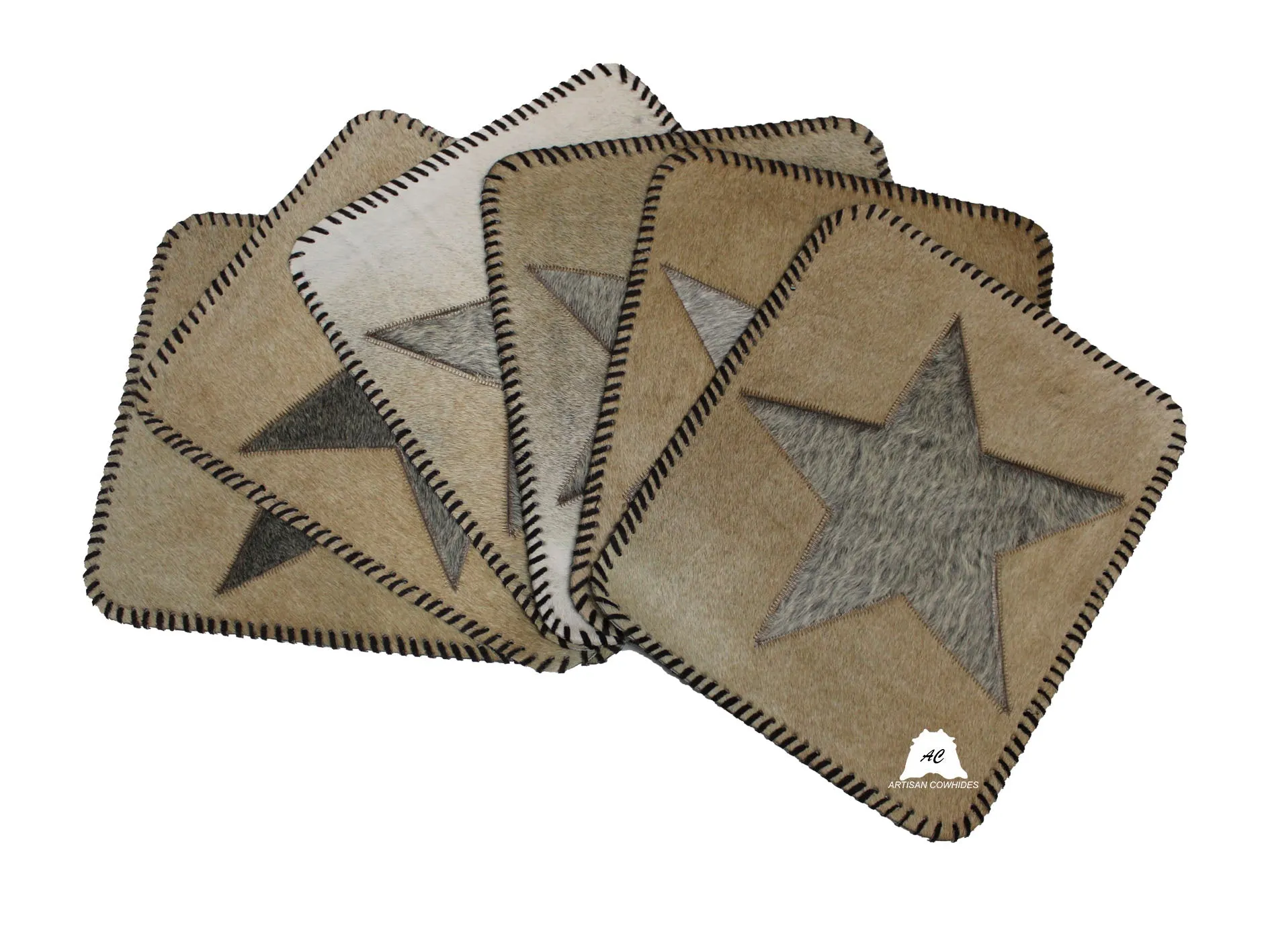 Cowhide Placemats Beige & Gray - Star Design - 17"x14"- Set of  two, four, six mats - Dinning Table Mats