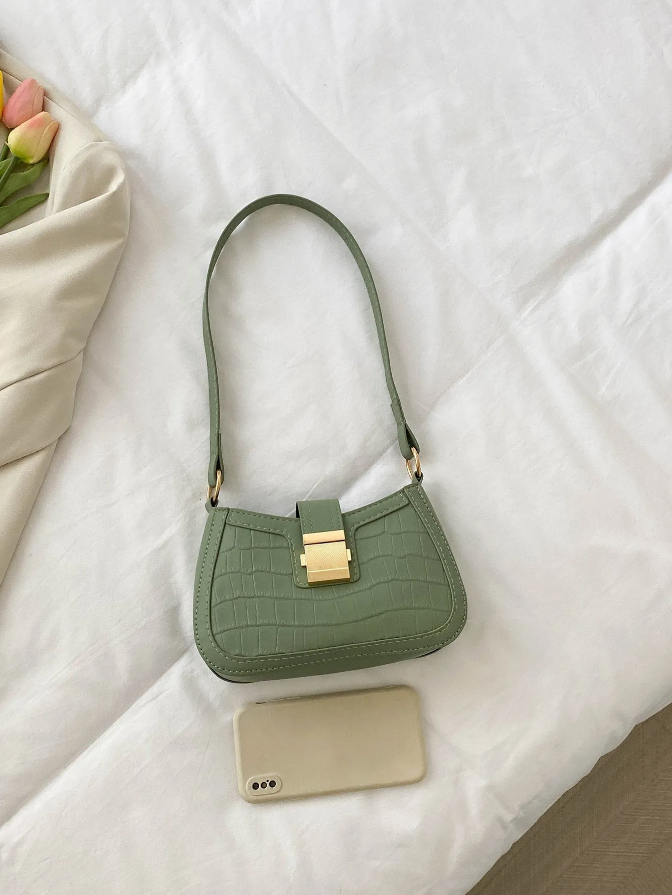 Crocodile Embossed Push Lock Baguette Bag - 𝘚𝘚²³  - Olive Green
