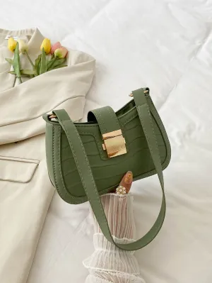 Crocodile Embossed Push Lock Baguette Bag - 𝘚𝘚²³  - Olive Green