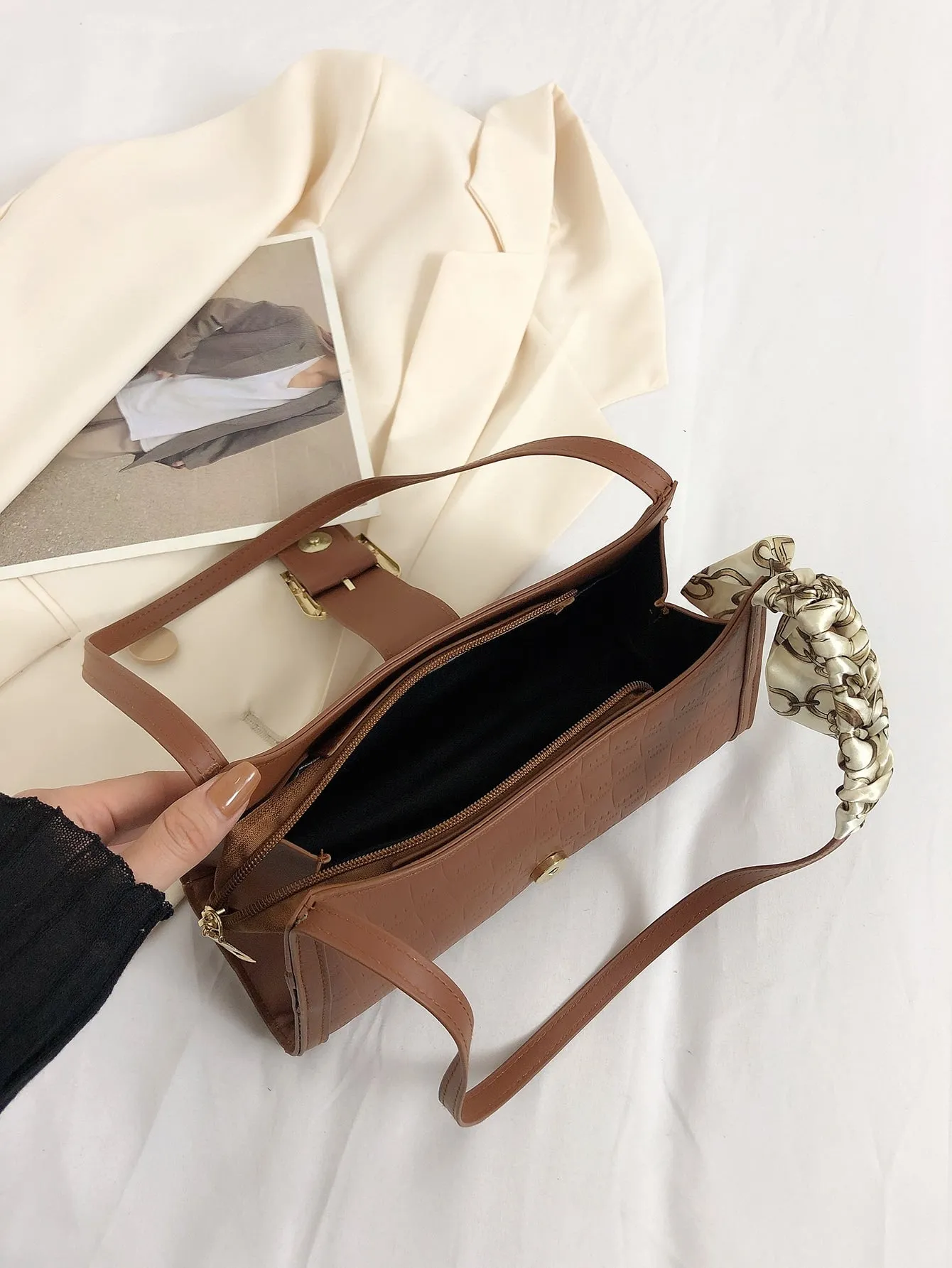 Crocodile Embossed Twilly Scarf & Buckle Decor Baguette Bag - Brown
