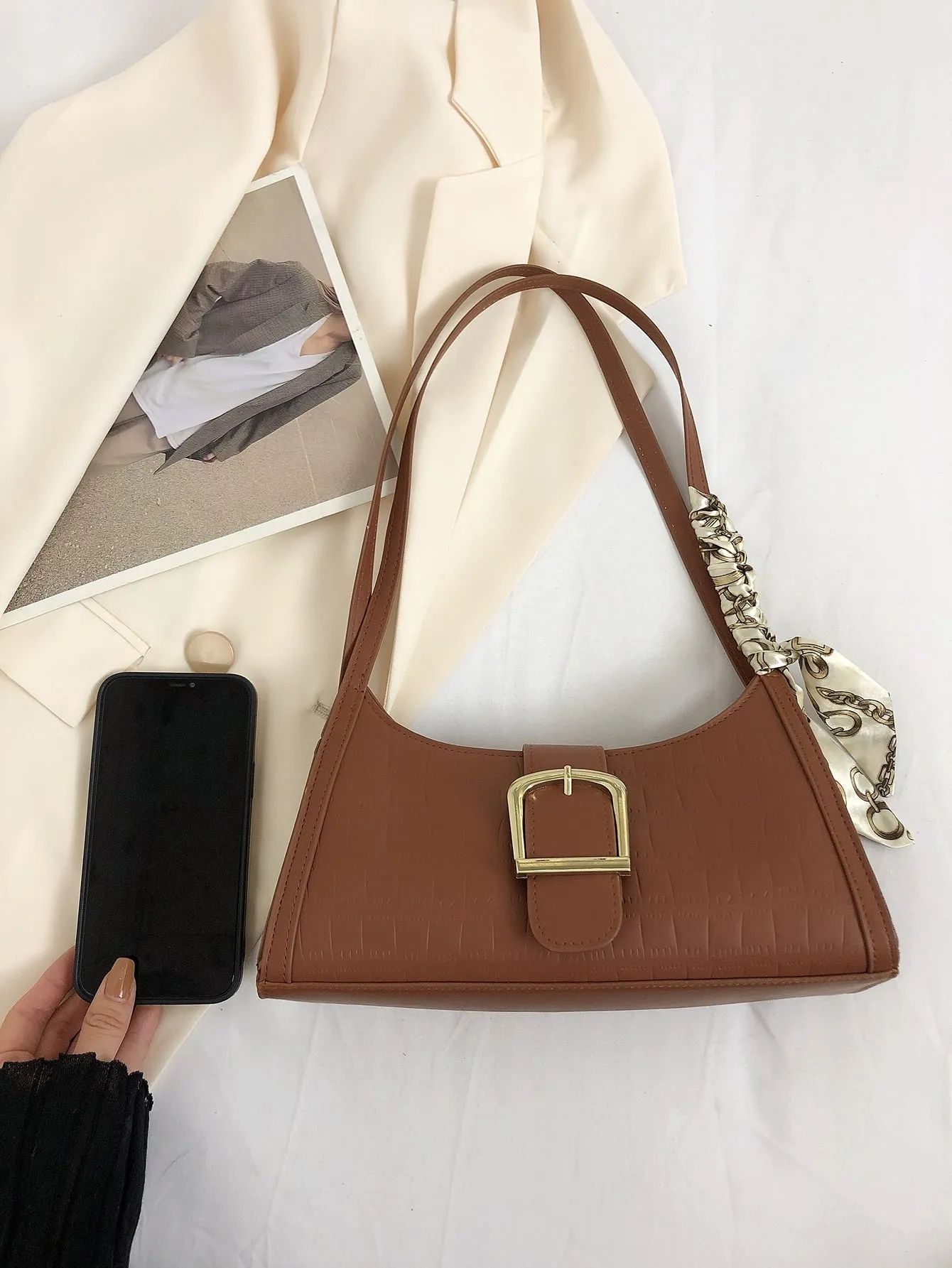 Crocodile Embossed Twilly Scarf & Buckle Decor Baguette Bag - Brown