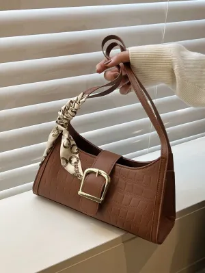 Crocodile Embossed Twilly Scarf & Buckle Decor Baguette Bag - Brown