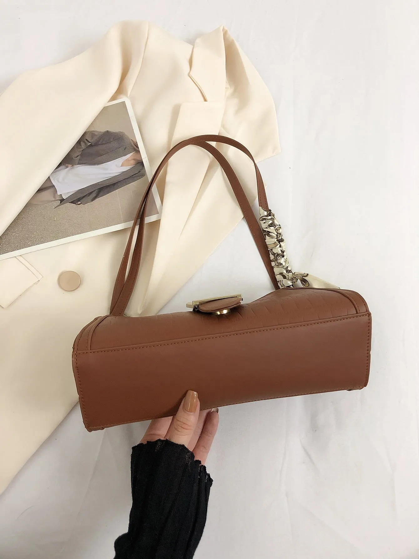 Crocodile Embossed Twilly Scarf & Buckle Decor Baguette Bag - Brown