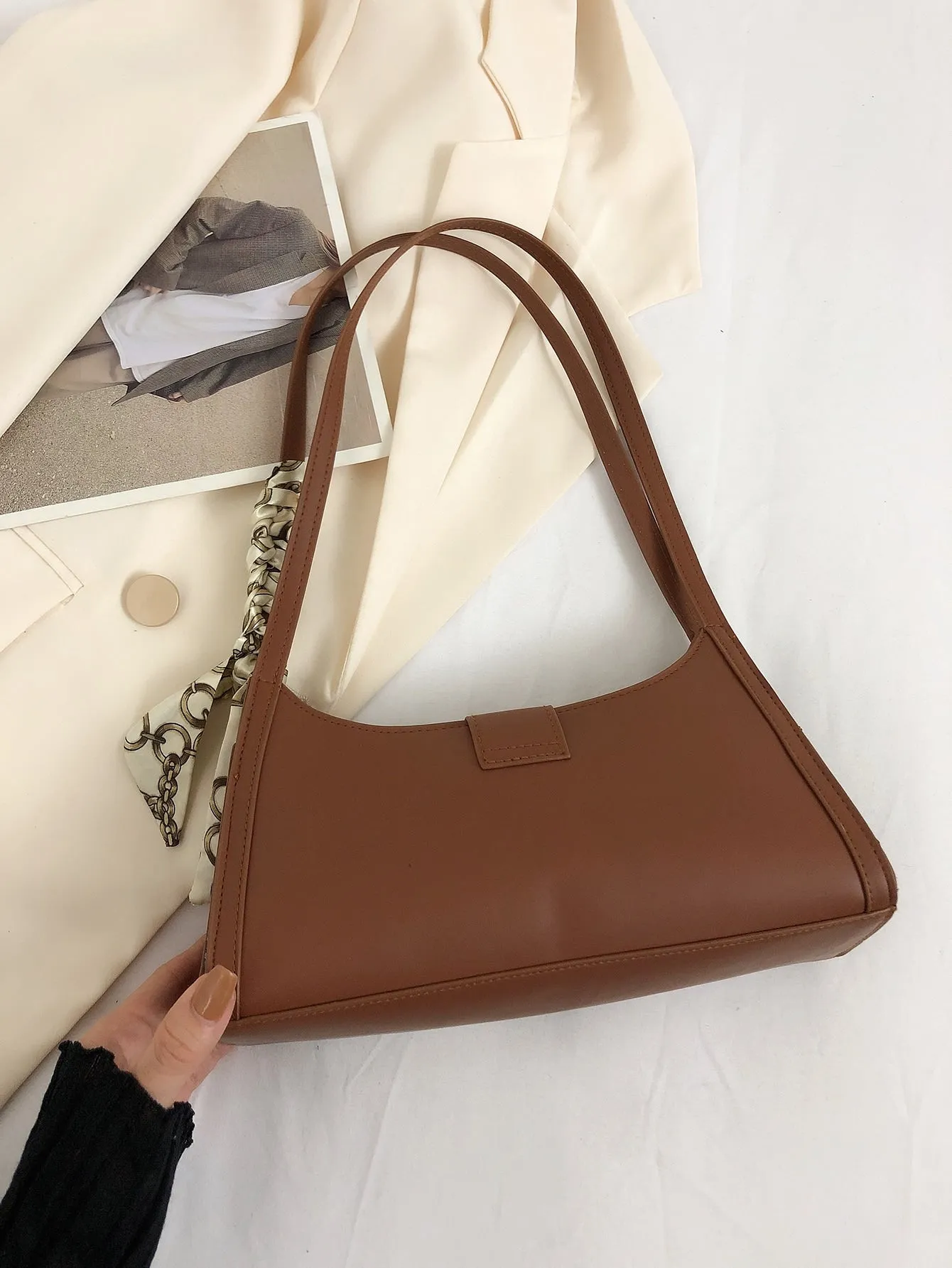 Crocodile Embossed Twilly Scarf & Buckle Decor Baguette Bag - Brown