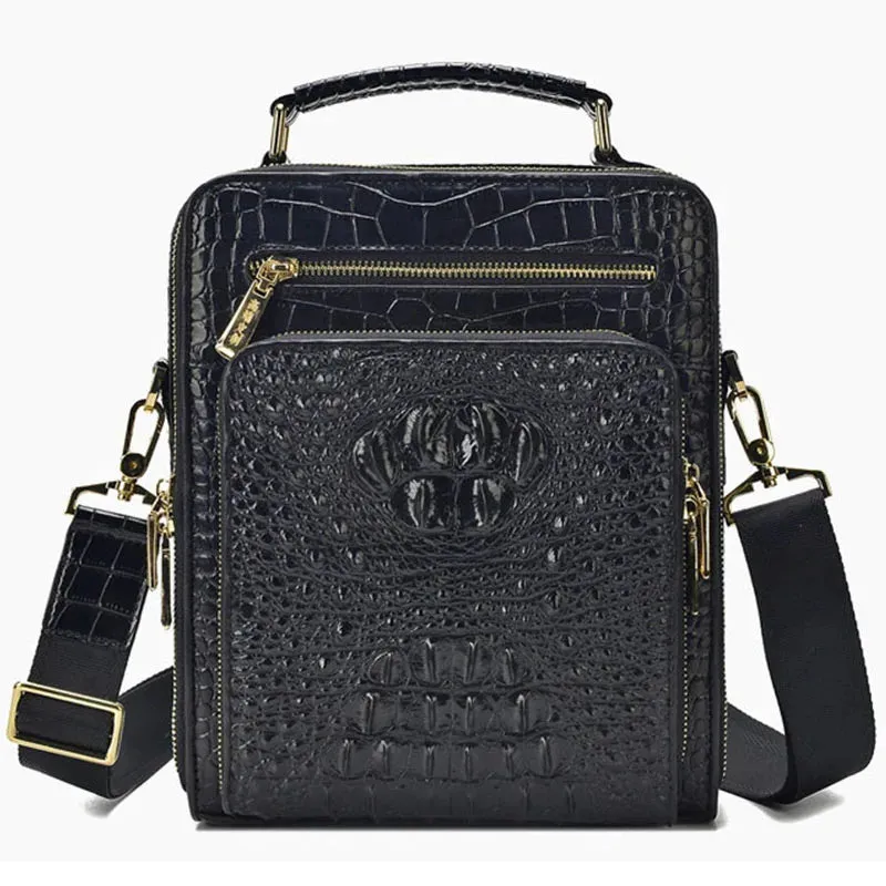 Crocodile pattern men's bag business men shoulder messenger bag casual handbag Cowhide leather vertical Tote bag small briefcase