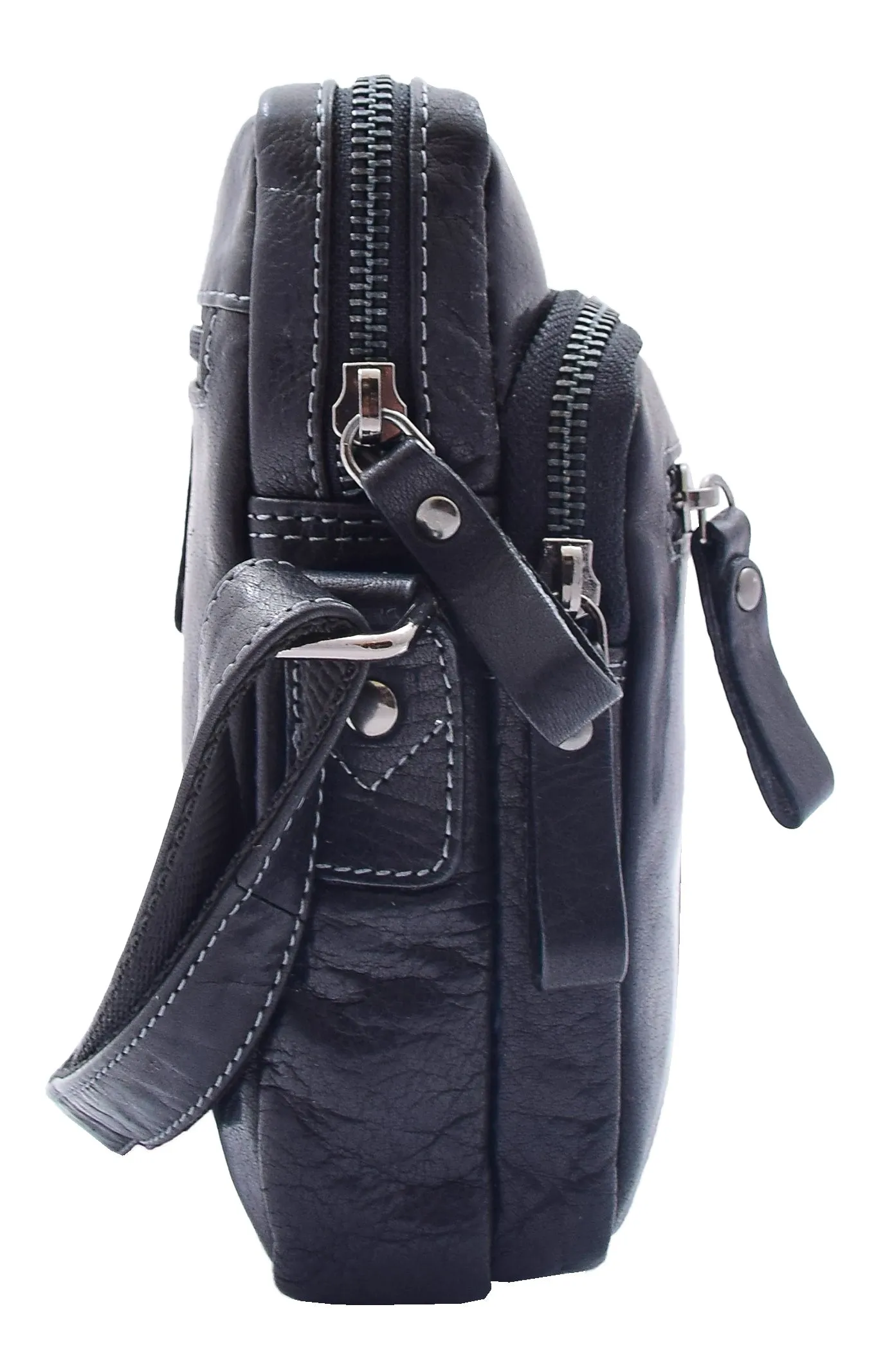 DR340 Men’s Black Leather Cross Body Flight Bag Multi Zip Pockets