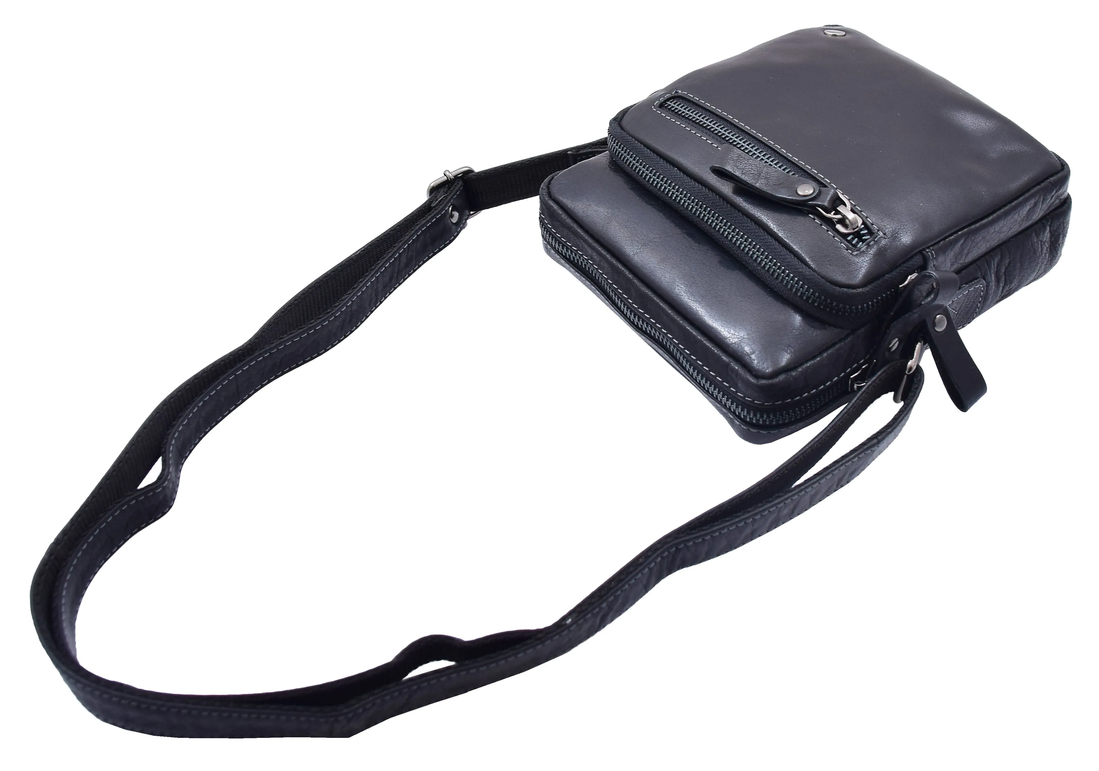 DR340 Men’s Black Leather Cross Body Flight Bag Multi Zip Pockets