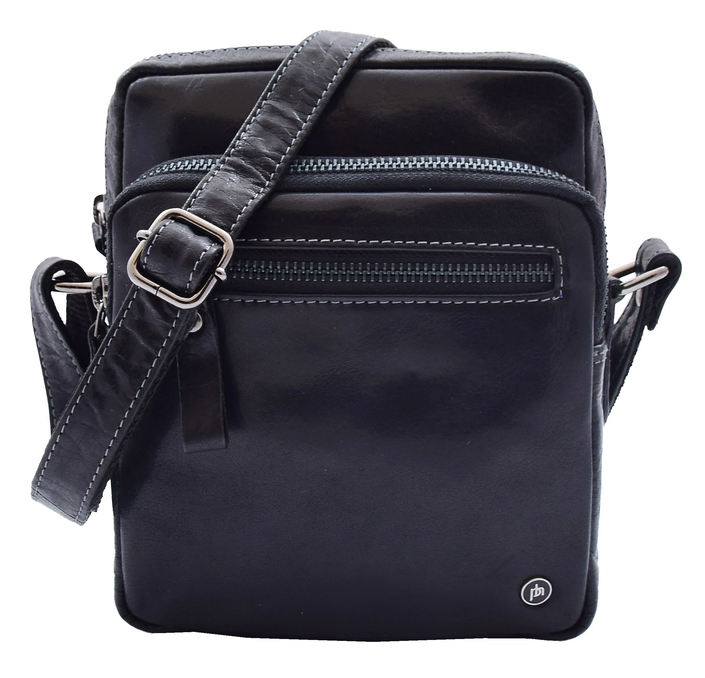 DR340 Men’s Black Leather Cross Body Flight Bag Multi Zip Pockets