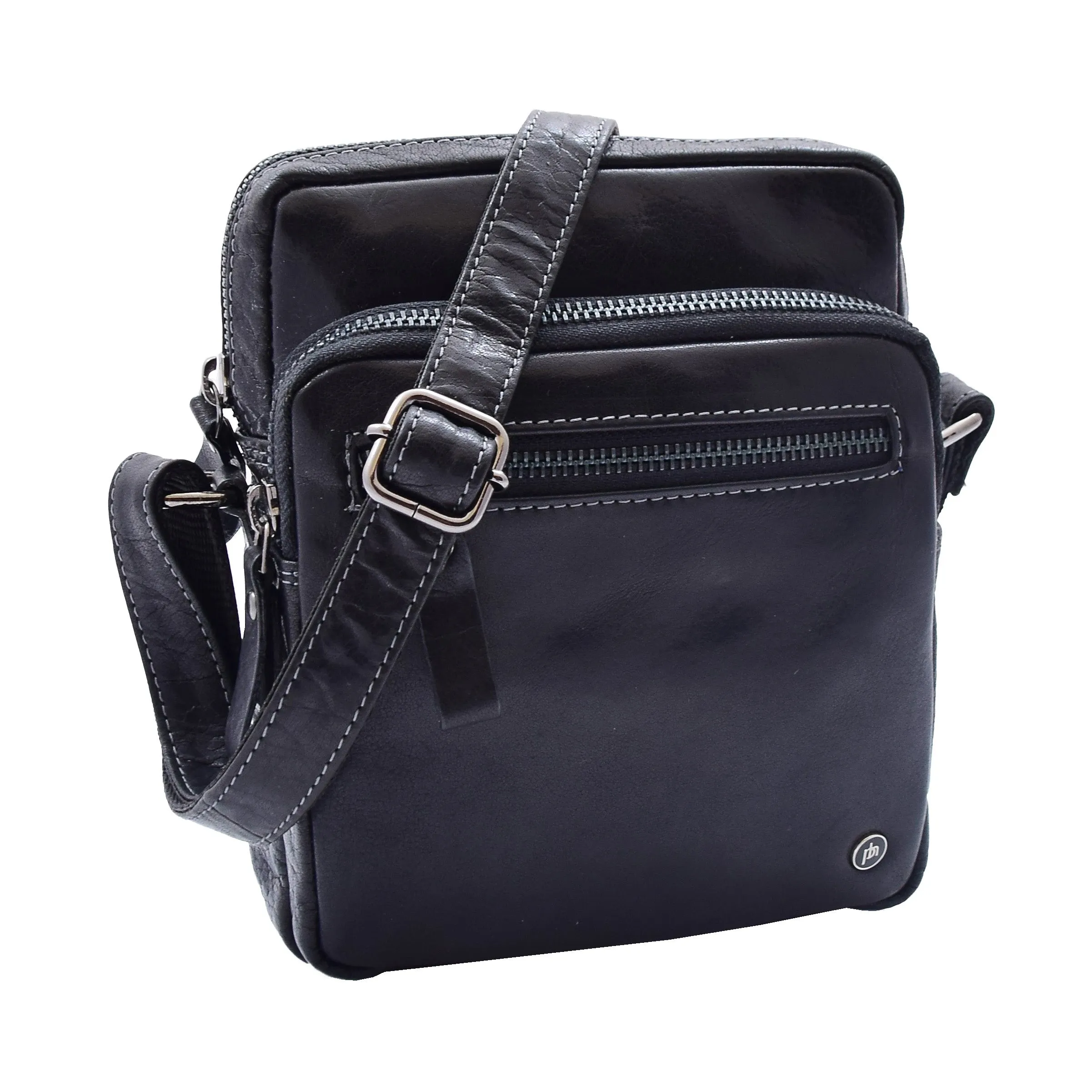 DR340 Men’s Black Leather Cross Body Flight Bag Multi Zip Pockets