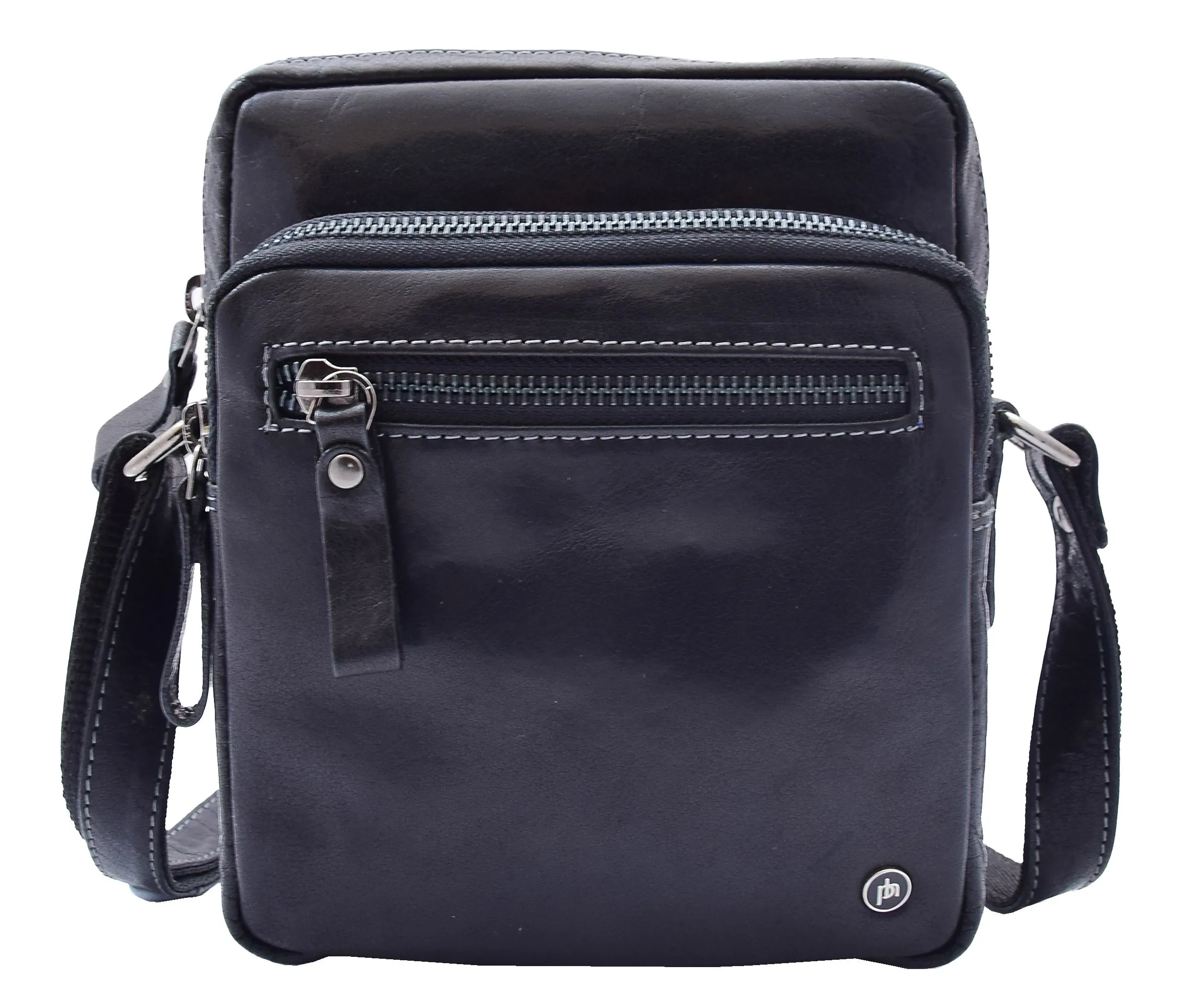 DR340 Men’s Black Leather Cross Body Flight Bag Multi Zip Pockets