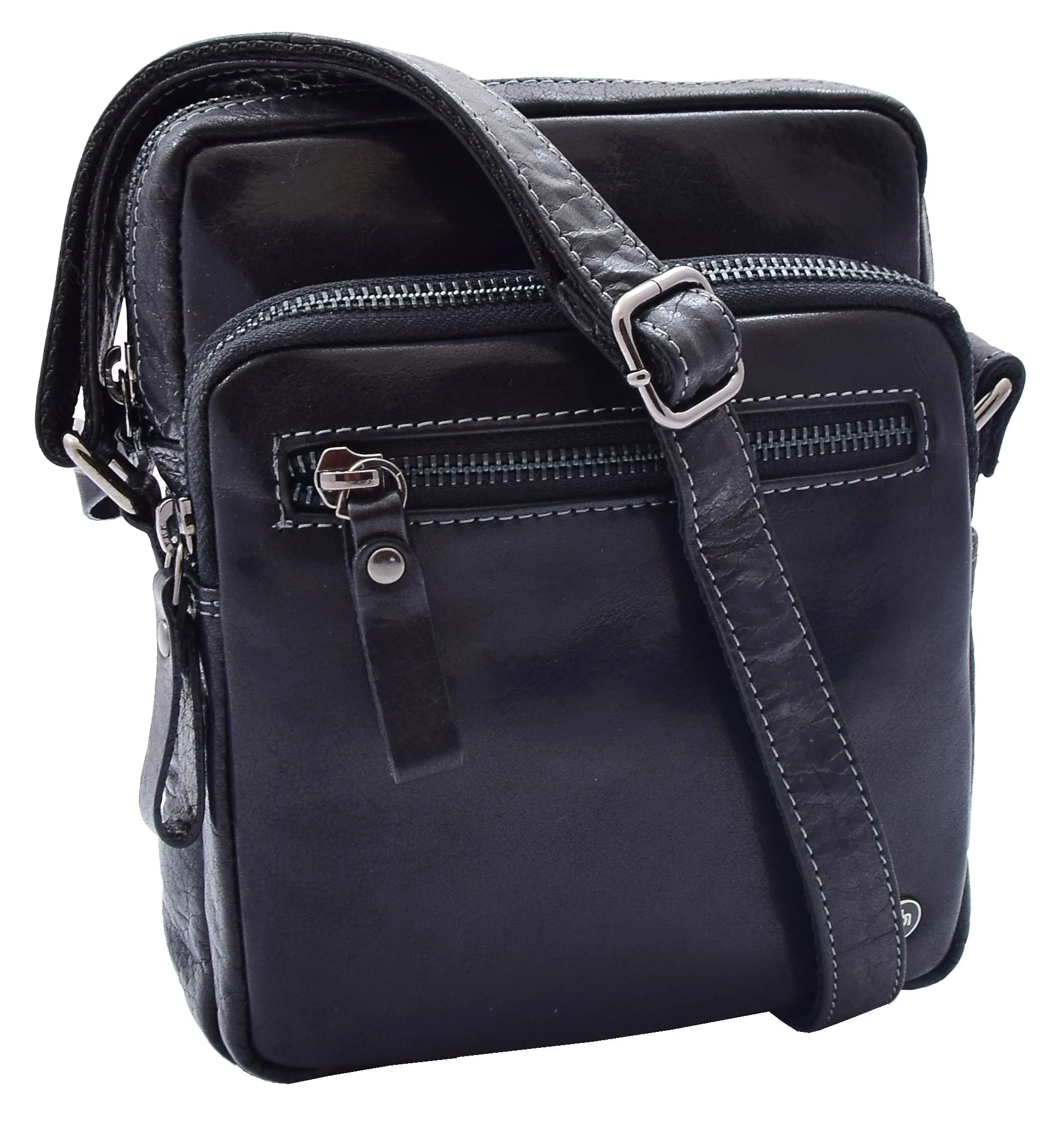 DR340 Men’s Black Leather Cross Body Flight Bag Multi Zip Pockets