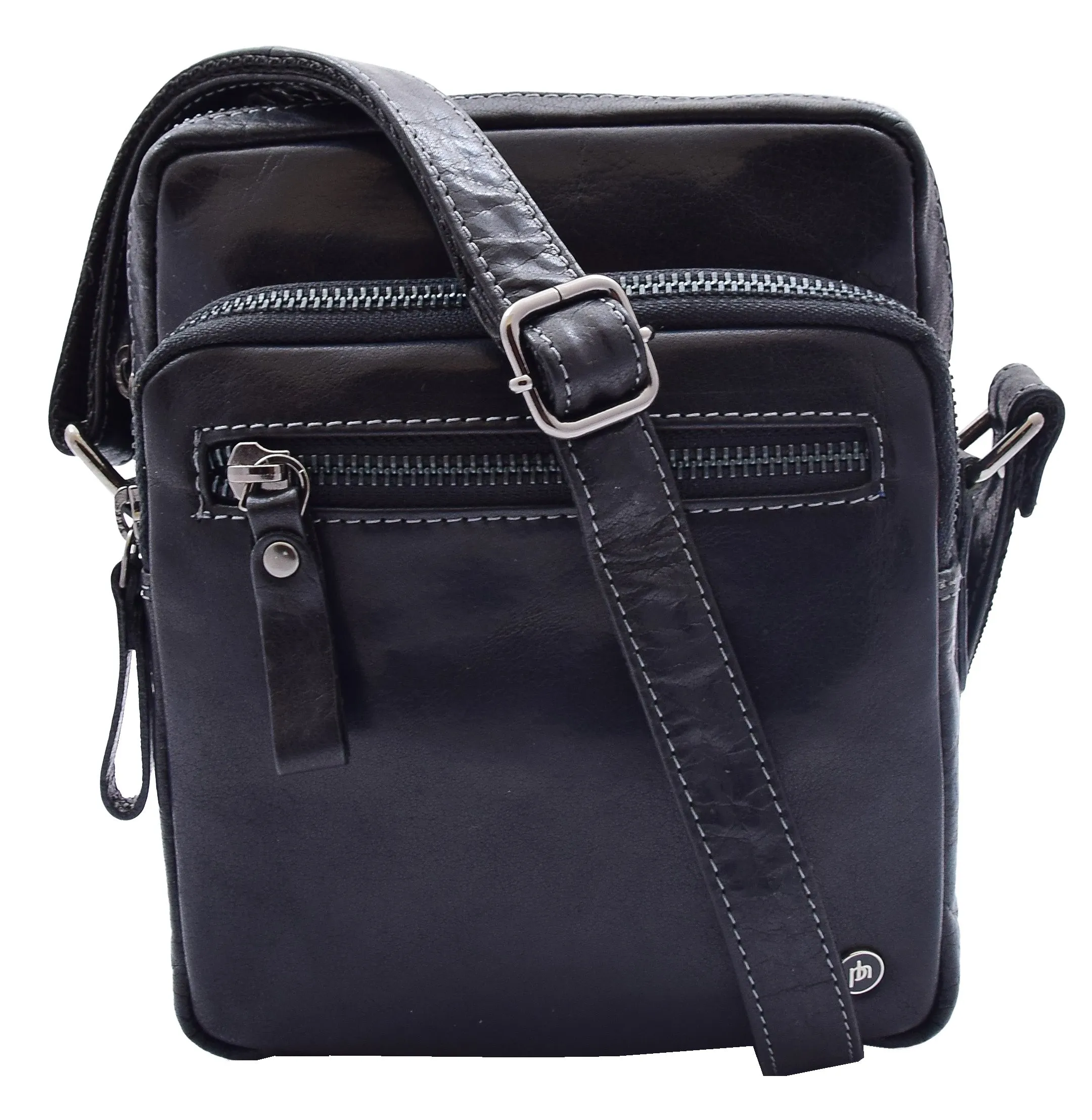 DR340 Men’s Black Leather Cross Body Flight Bag Multi Zip Pockets
