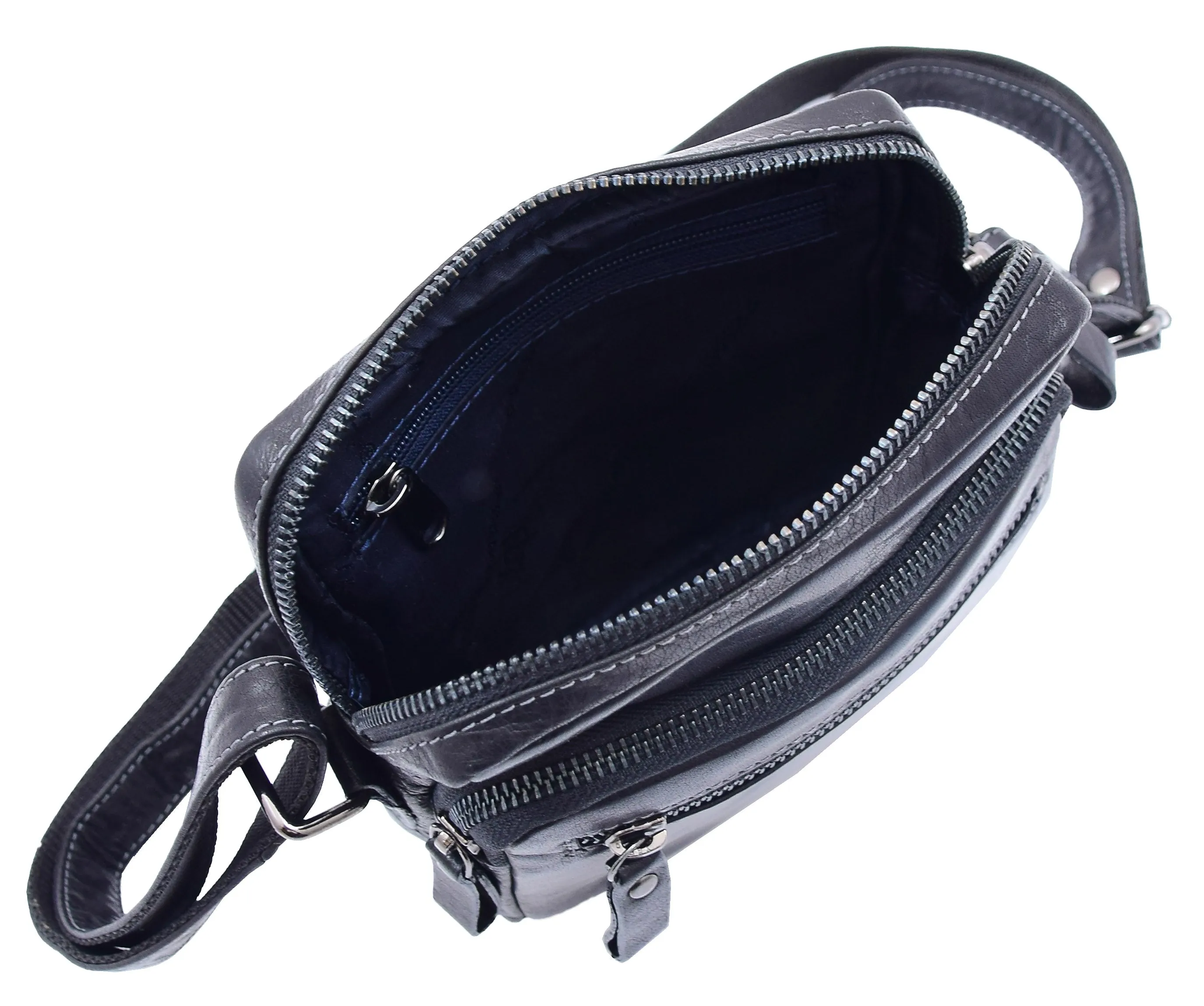 DR340 Men’s Black Leather Cross Body Flight Bag Multi Zip Pockets