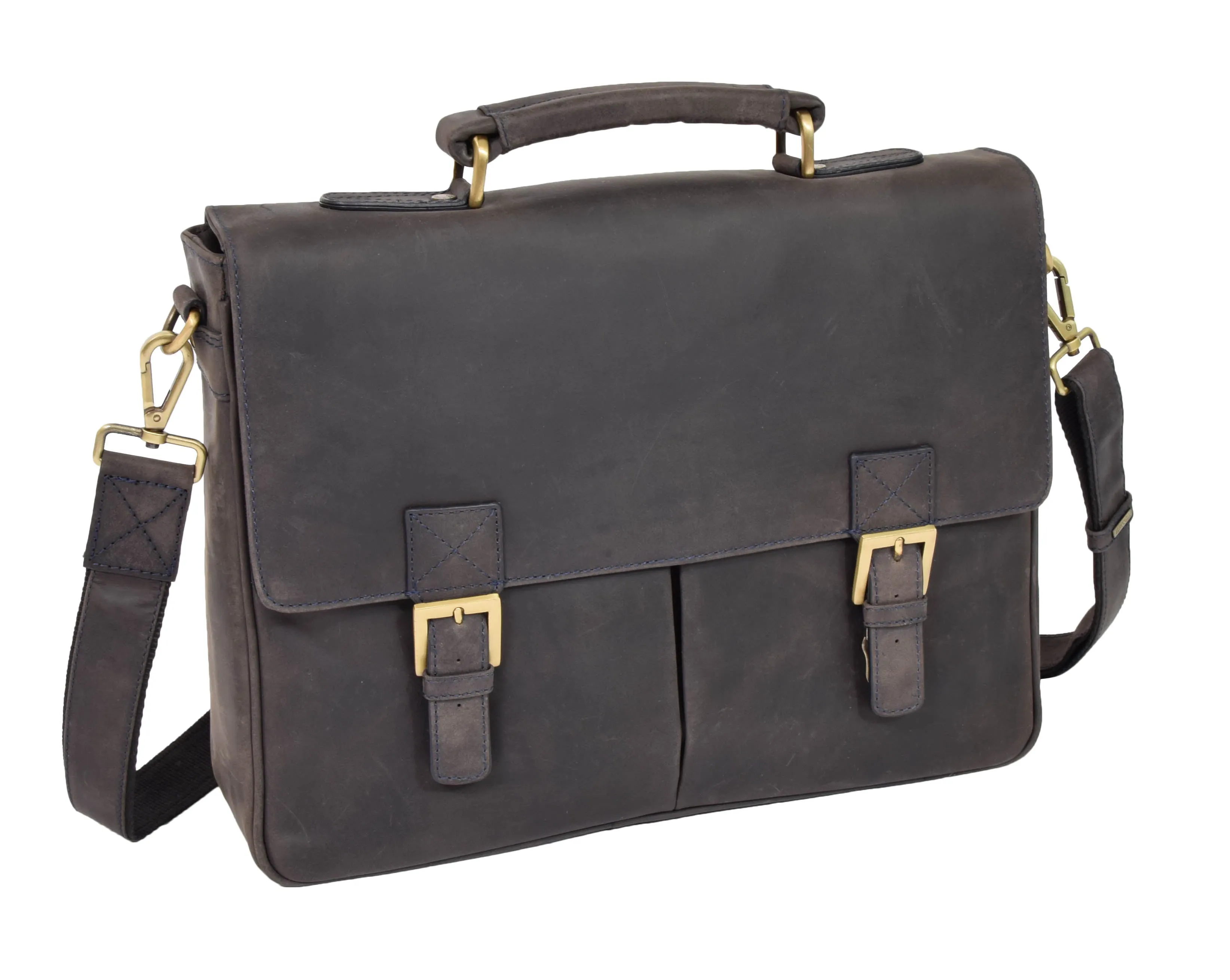 DR376 Men's Leather Cross Body Flap Over Briefcase Blue