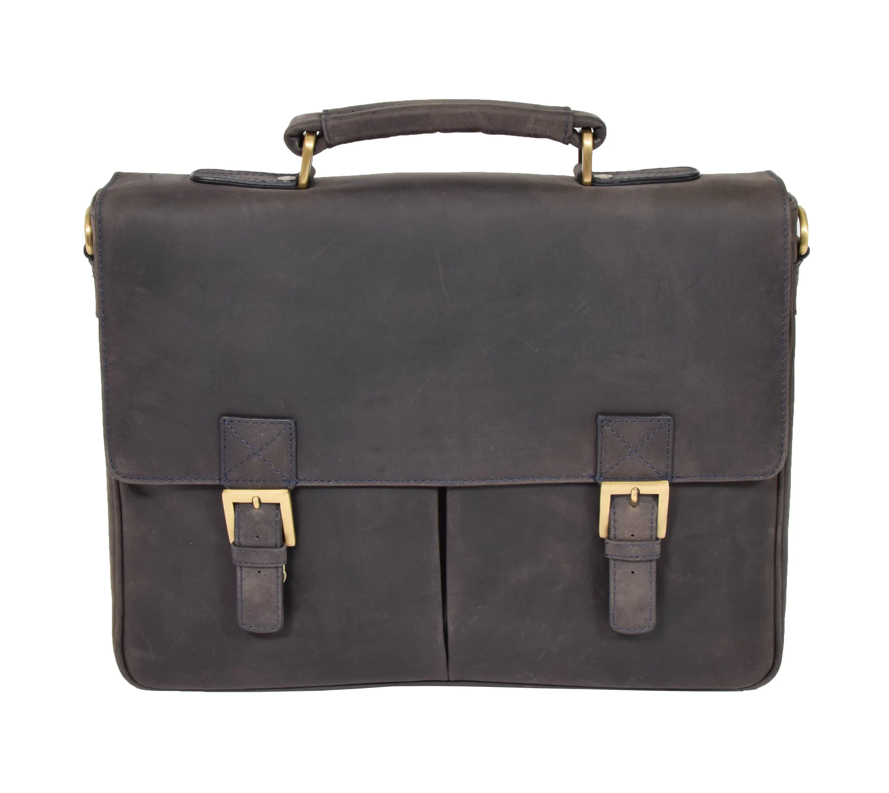 DR376 Men's Leather Cross Body Flap Over Briefcase Blue