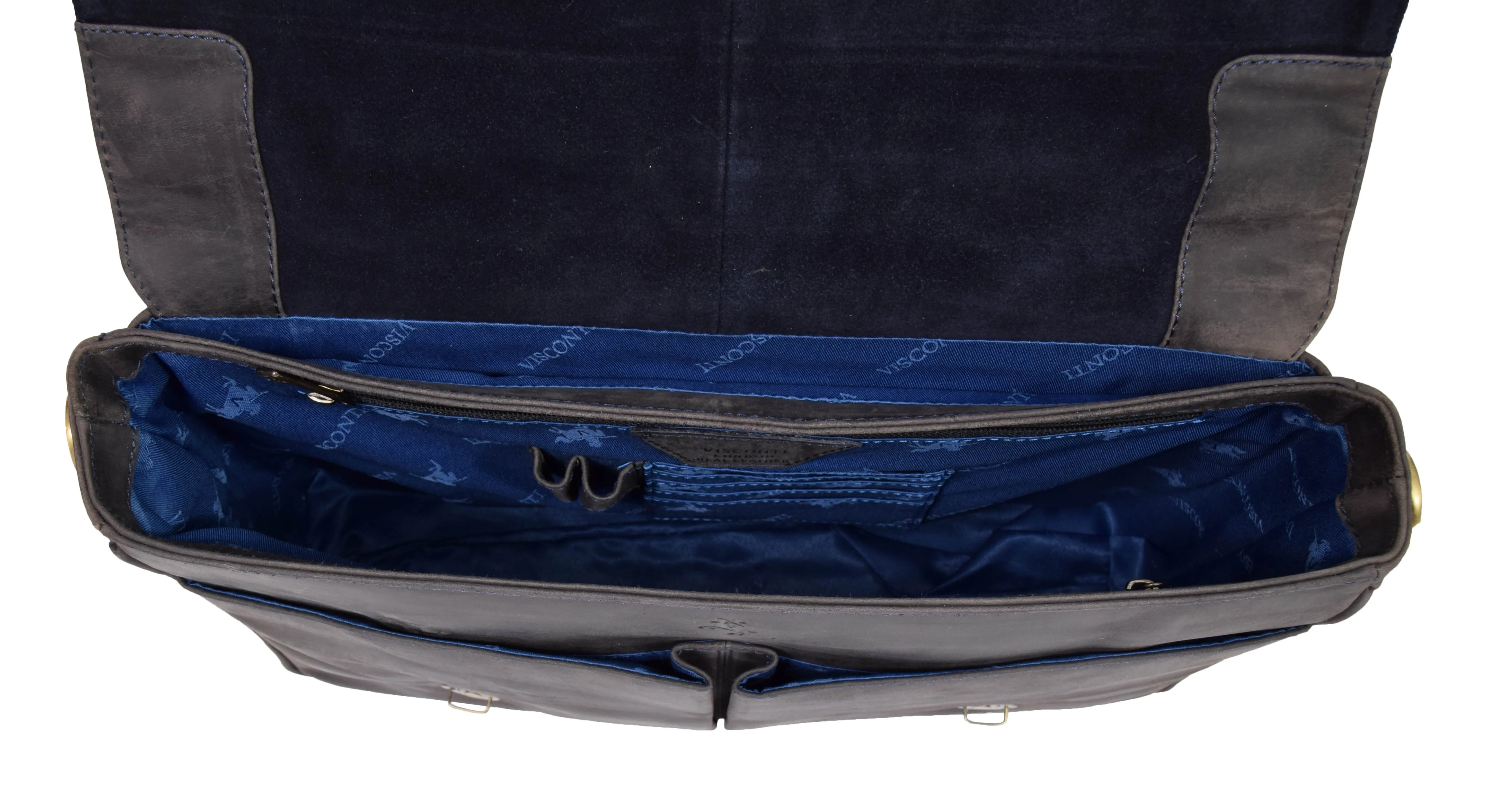DR376 Men's Leather Cross Body Flap Over Briefcase Blue