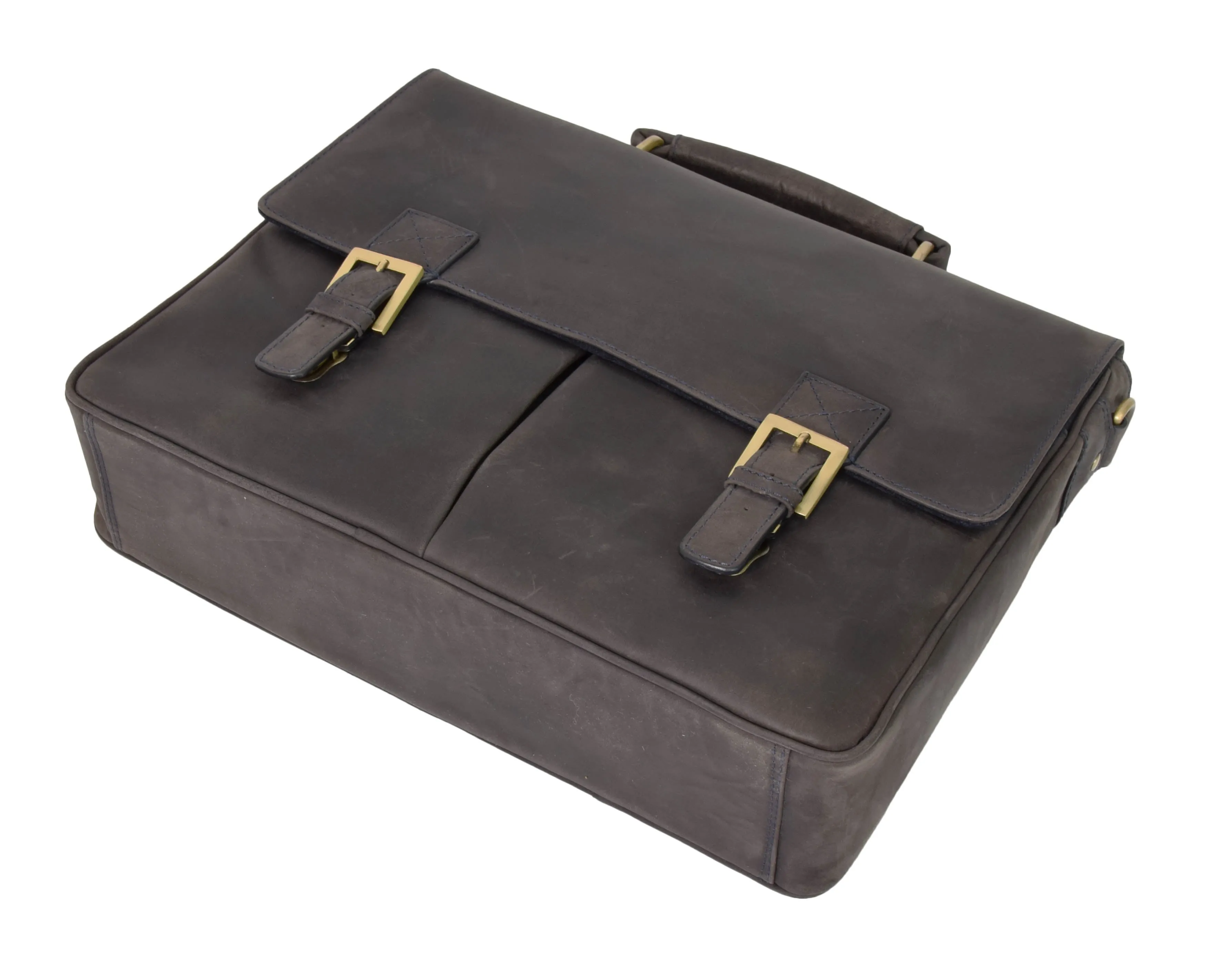DR376 Men's Leather Cross Body Flap Over Briefcase Blue