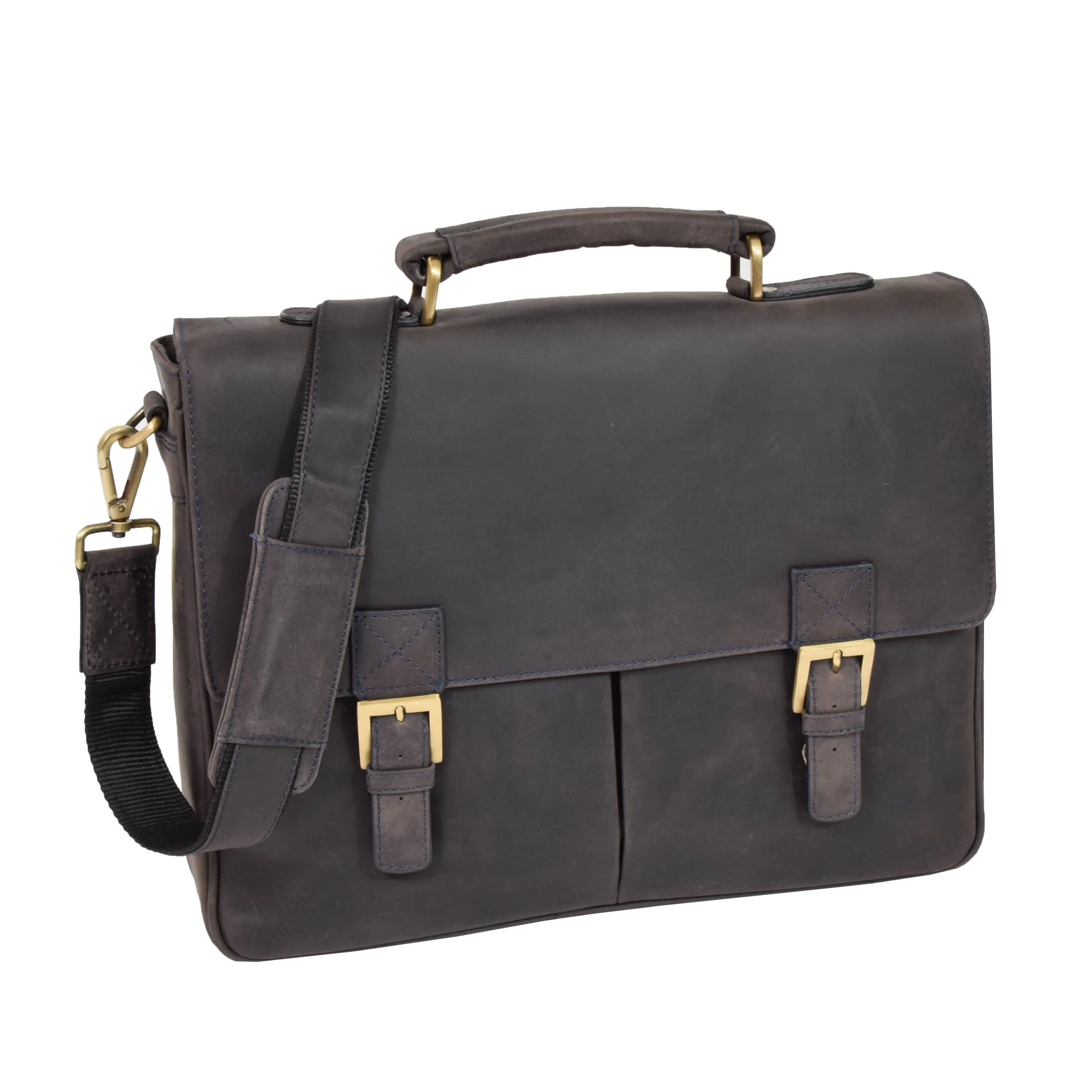 DR376 Men's Leather Cross Body Flap Over Briefcase Blue