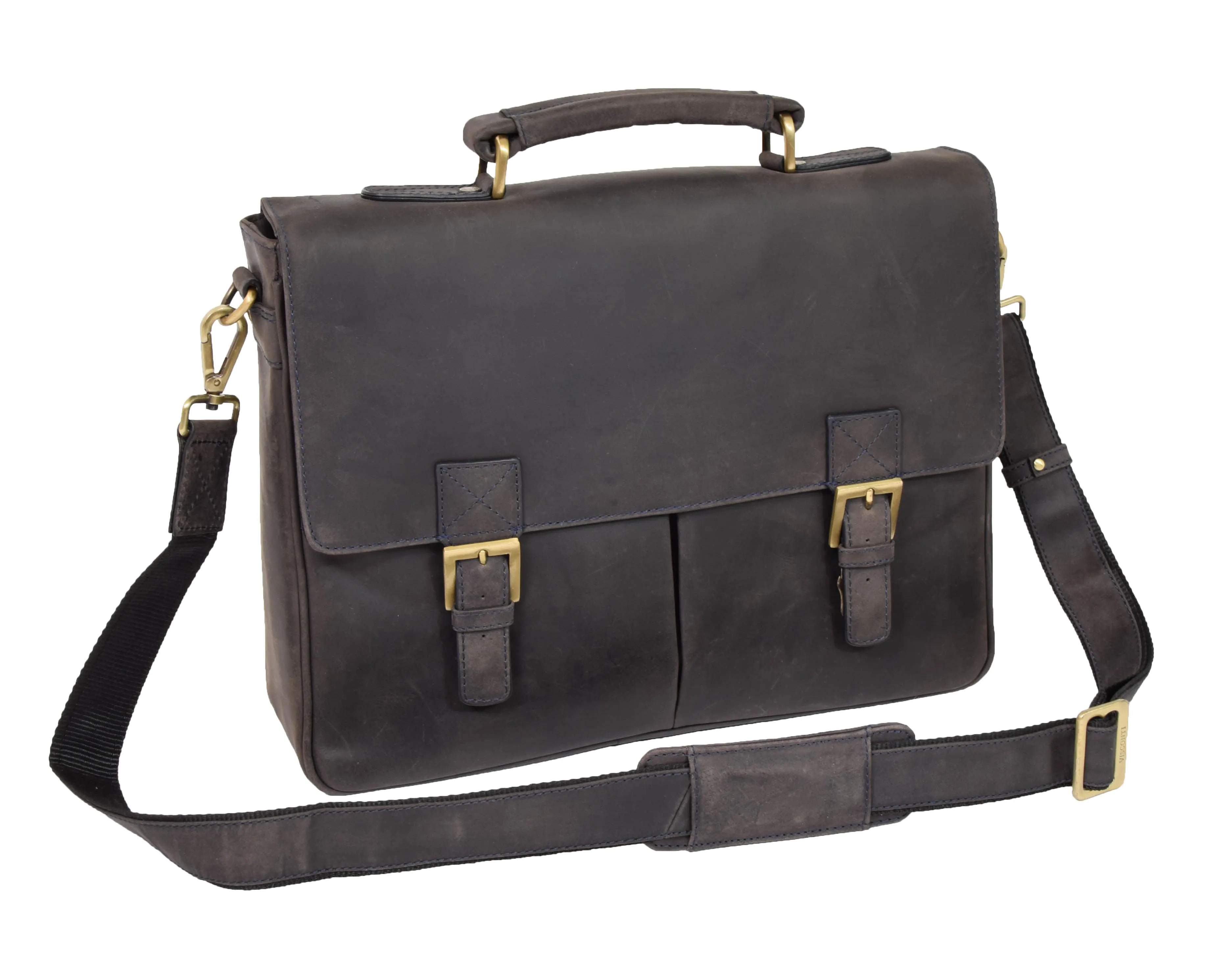 DR376 Men's Leather Cross Body Flap Over Briefcase Blue