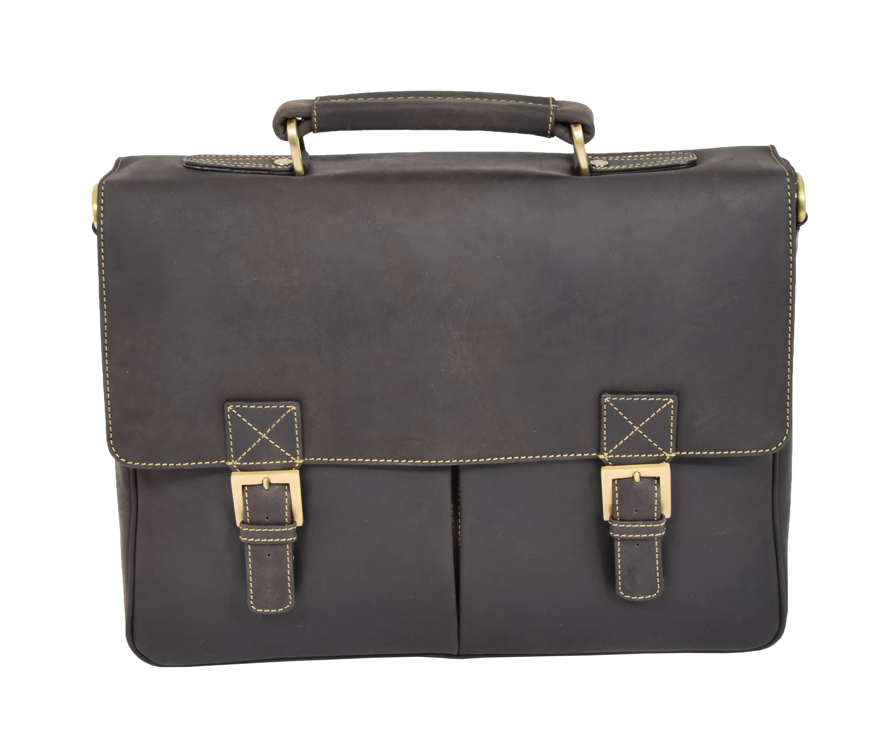 DR376 Men's Leather Cross Body Flap Over Briefcase Brown