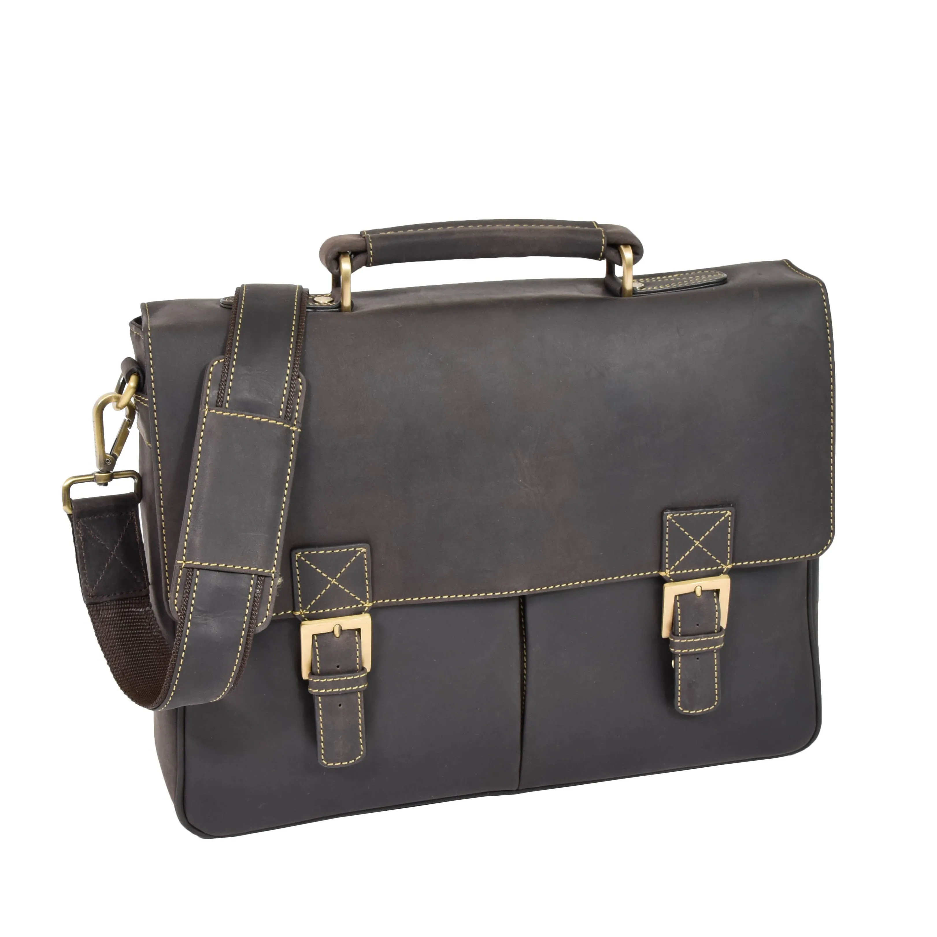 DR376 Men's Leather Cross Body Flap Over Briefcase Brown