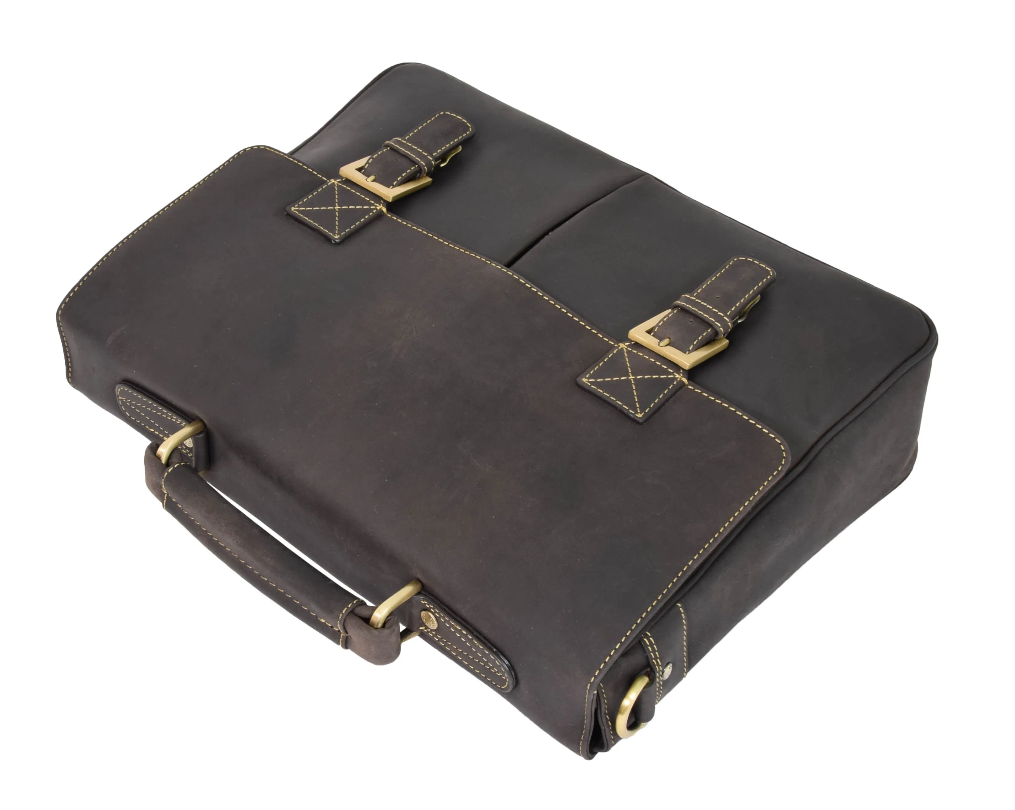 DR376 Men's Leather Cross Body Flap Over Briefcase Brown