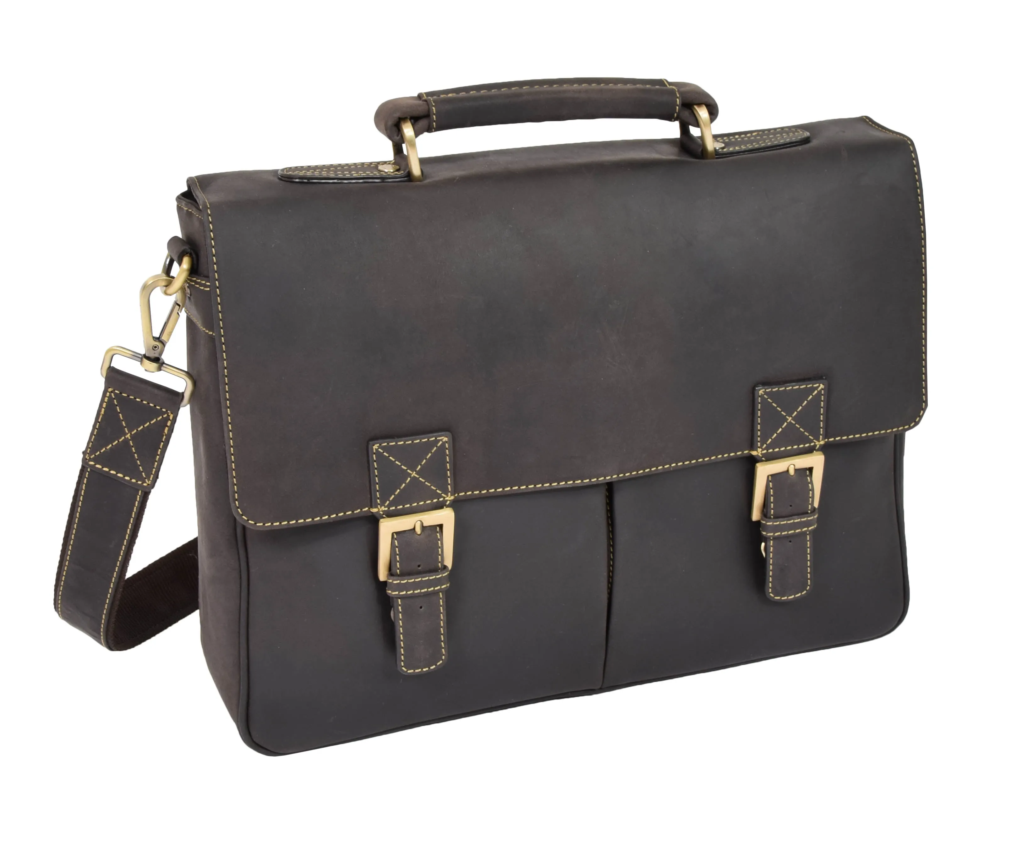 DR376 Men's Leather Cross Body Flap Over Briefcase Brown