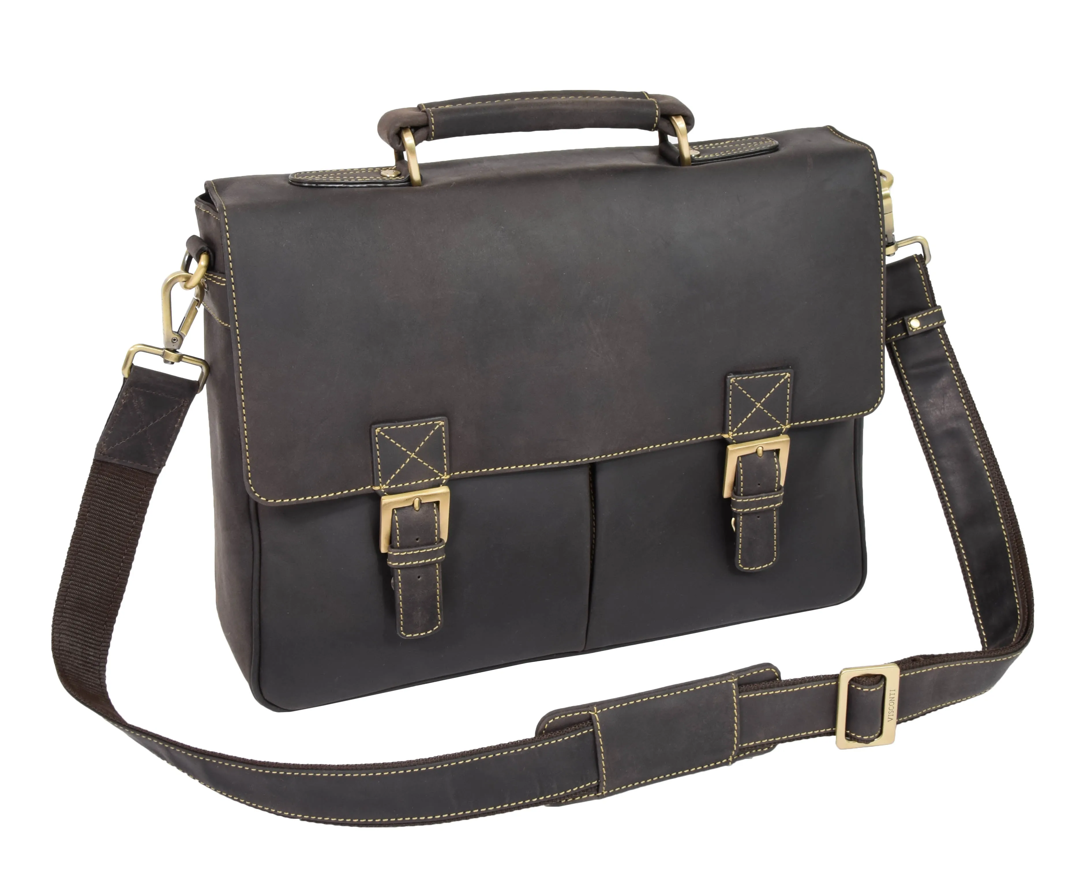 DR376 Men's Leather Cross Body Flap Over Briefcase Brown