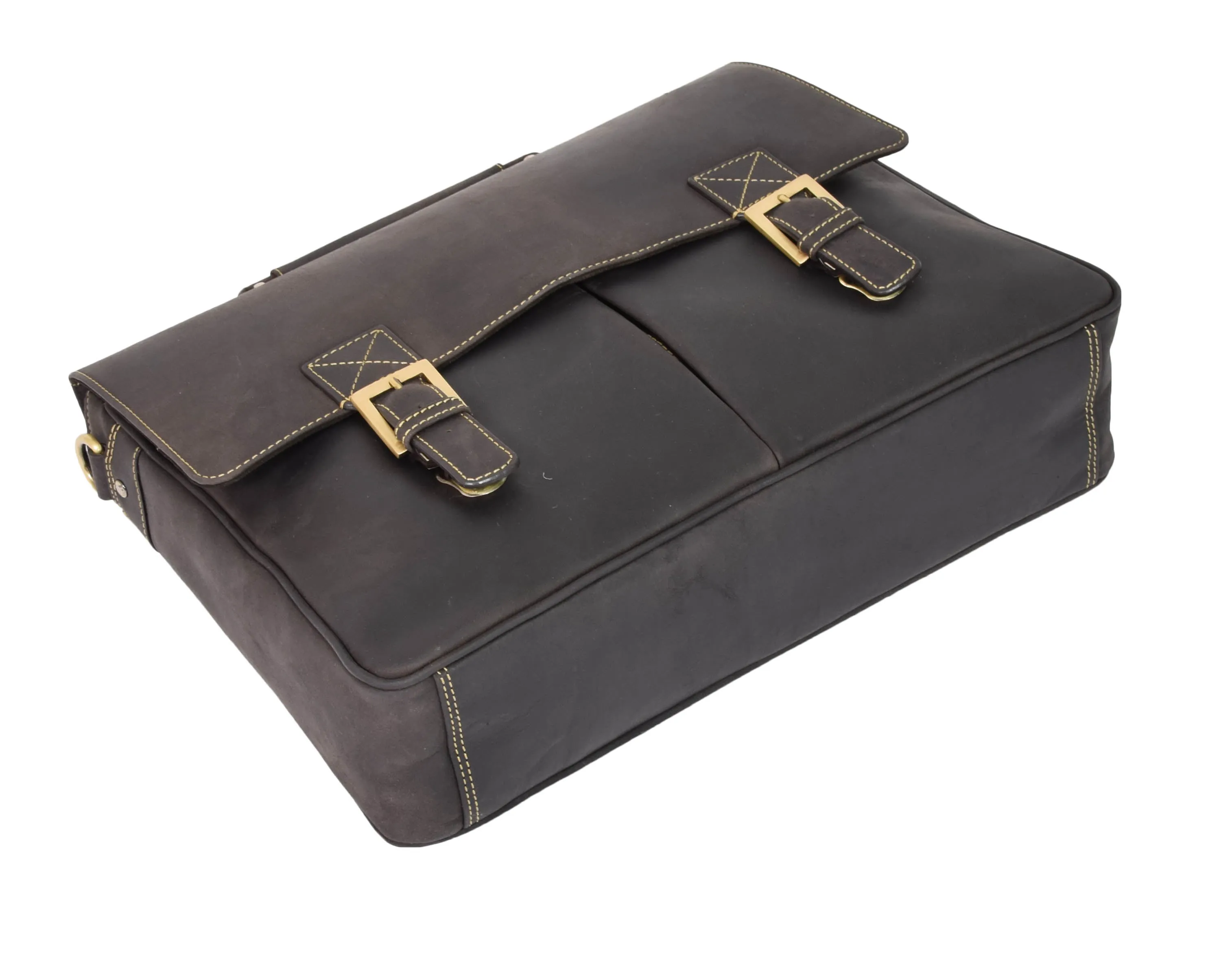 DR376 Men's Leather Cross Body Flap Over Briefcase Brown