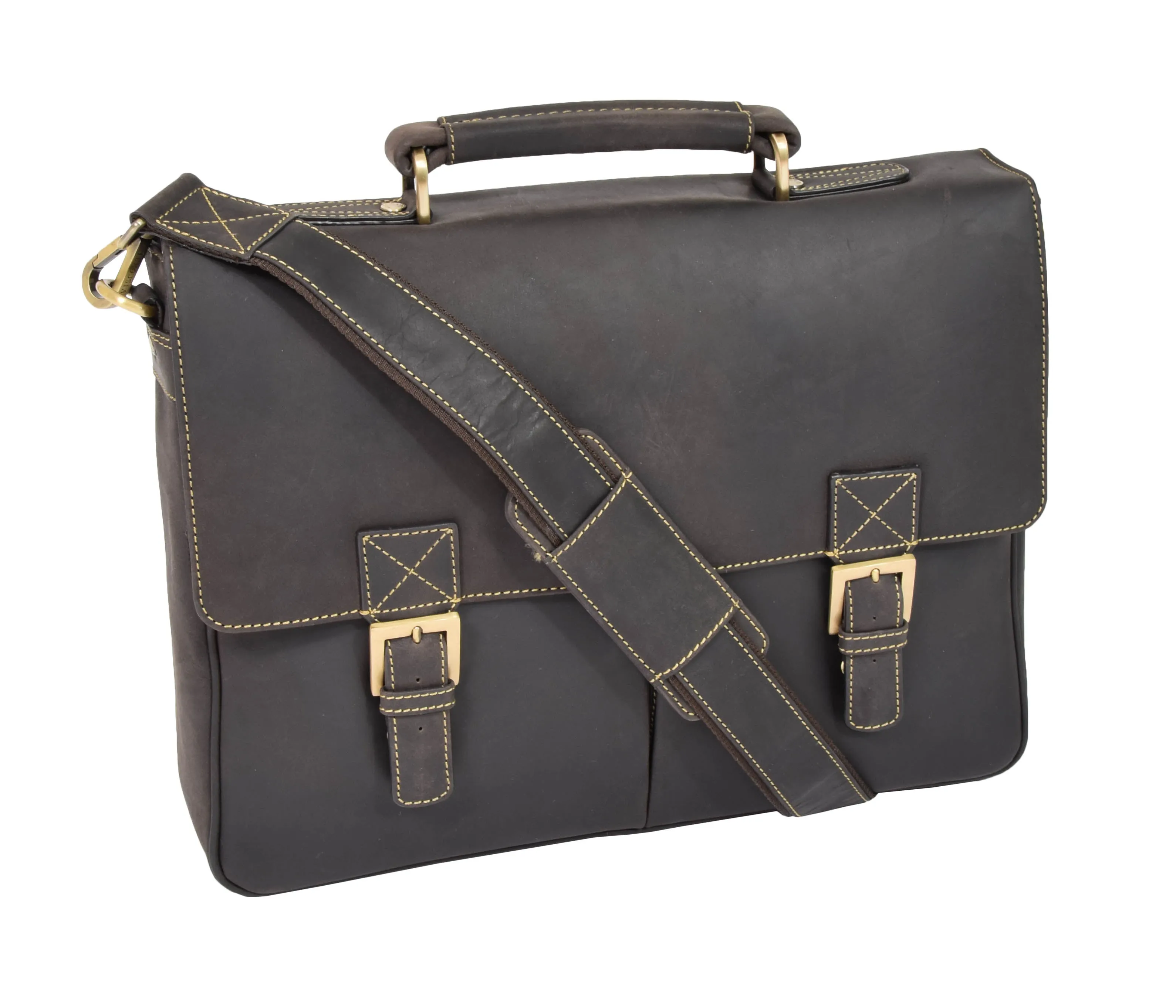 DR376 Men's Leather Cross Body Flap Over Briefcase Brown