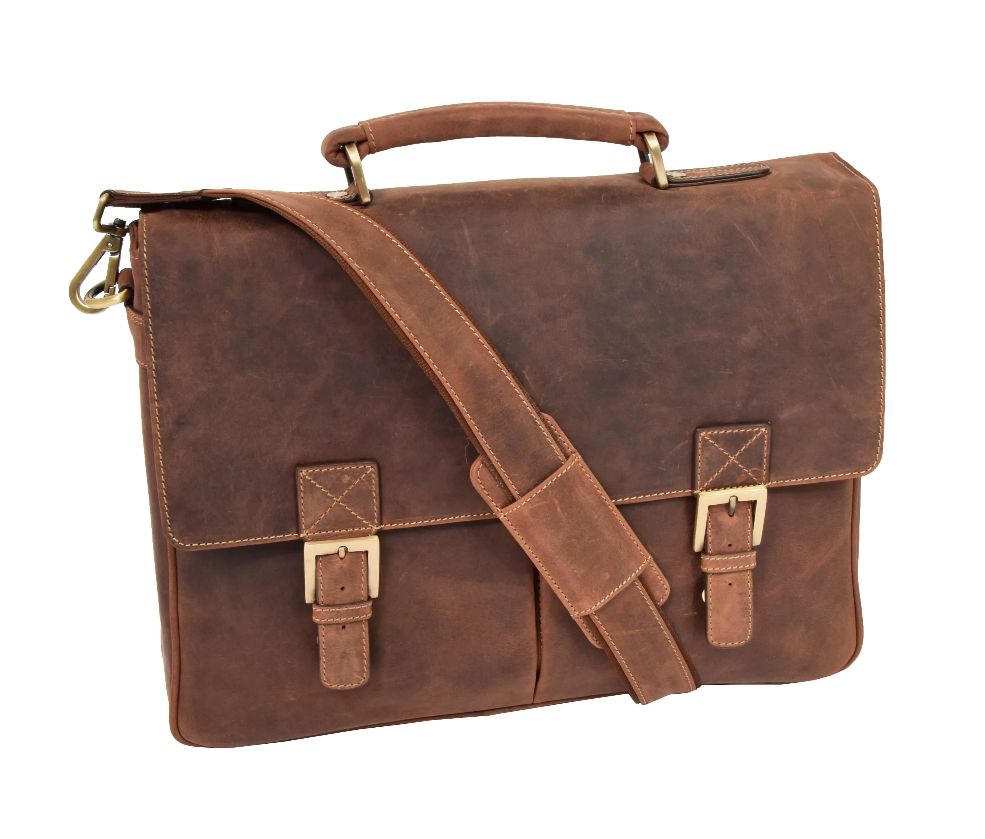DR376 Men's Leather Cross Body Flap Over Briefcase Tan