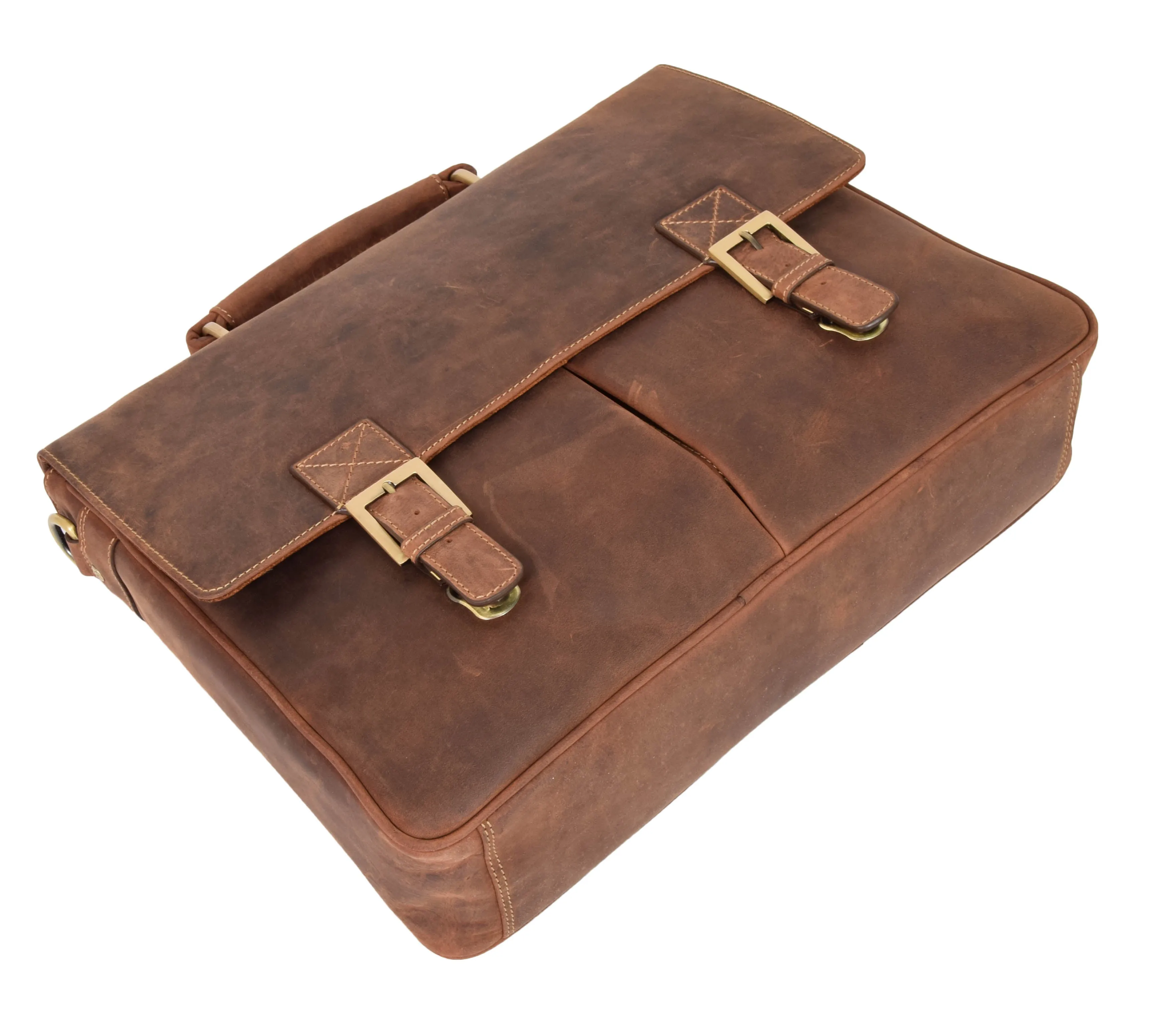DR376 Men's Leather Cross Body Flap Over Briefcase Tan