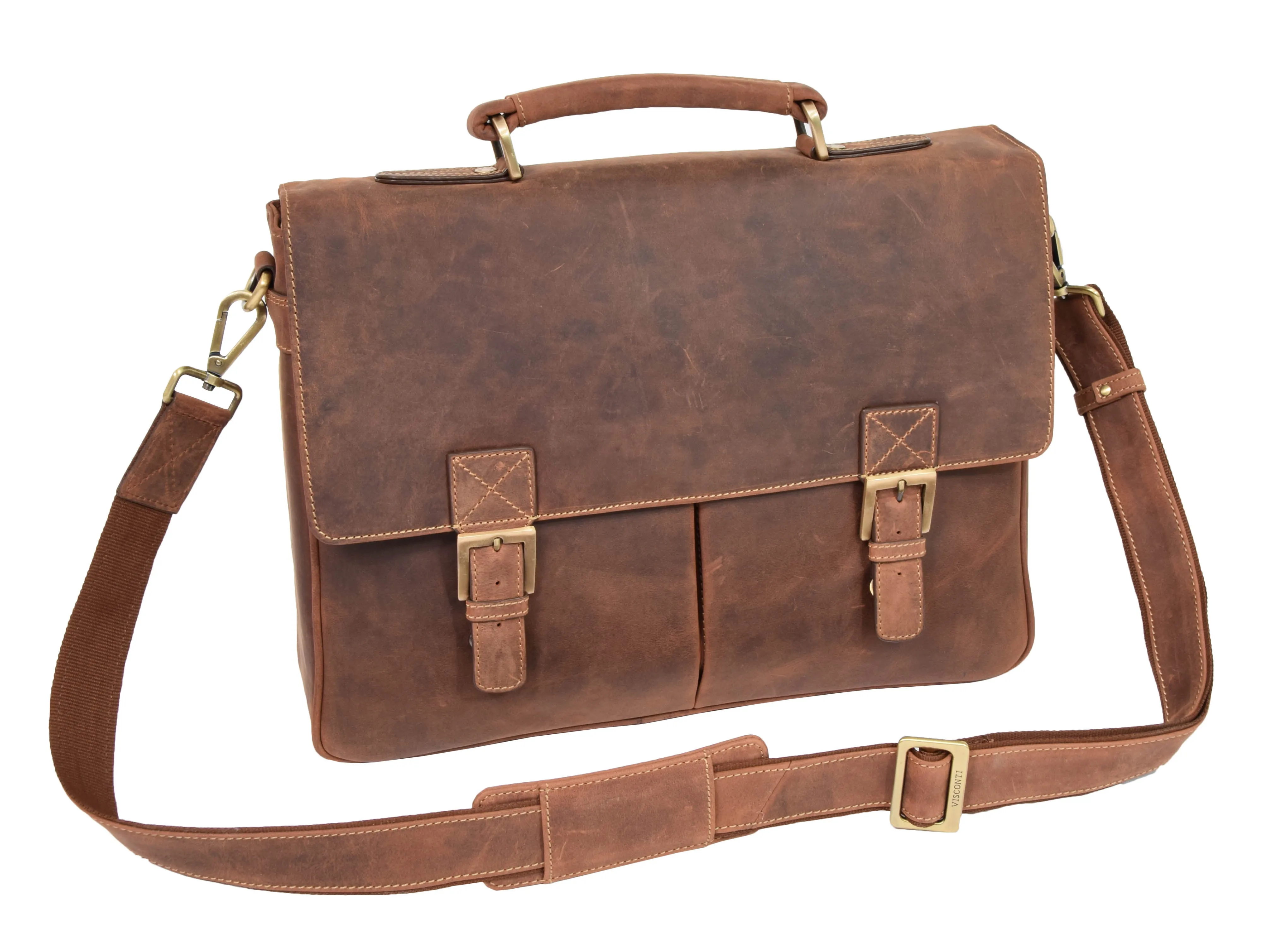 DR376 Men's Leather Cross Body Flap Over Briefcase Tan