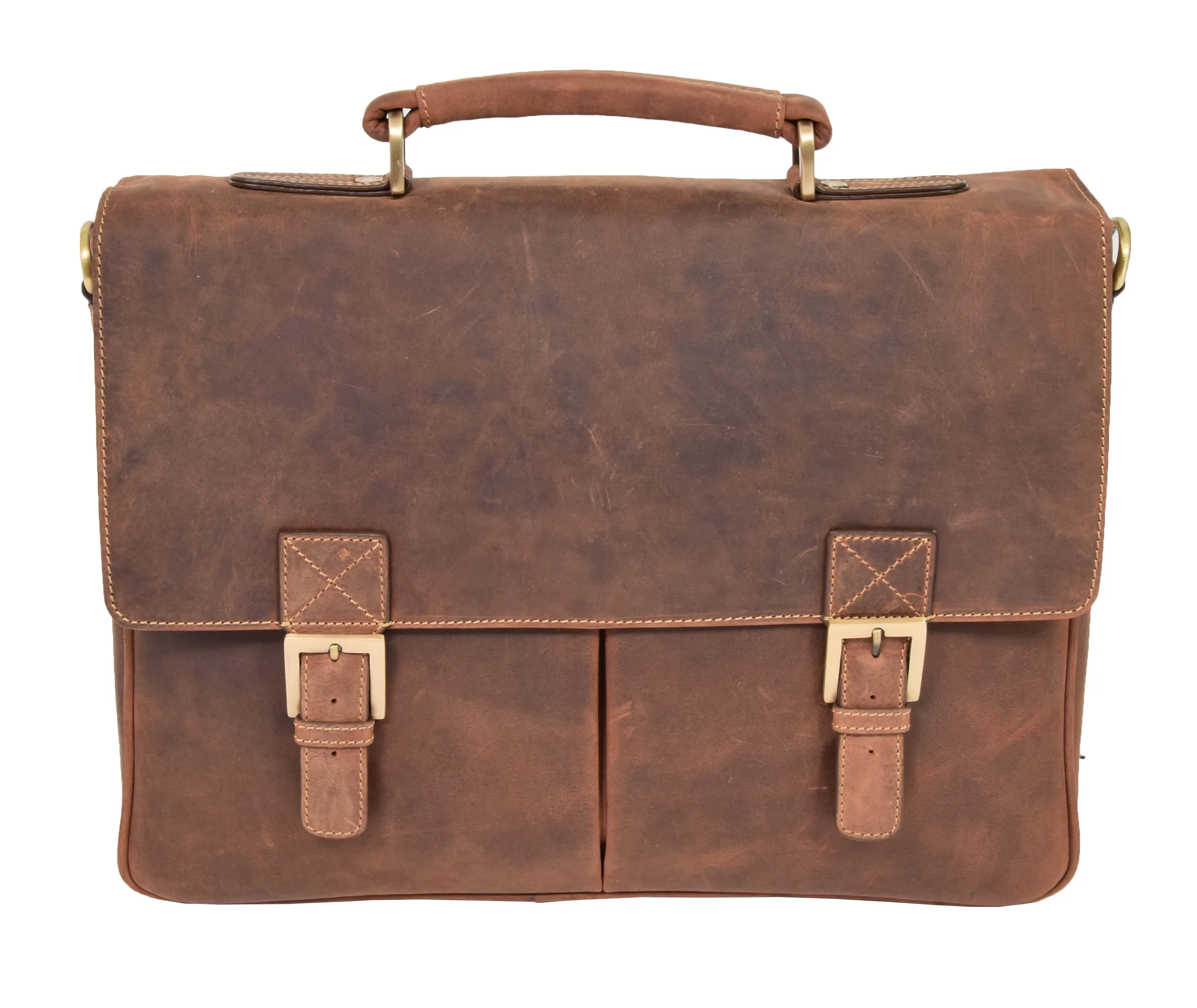 DR376 Men's Leather Cross Body Flap Over Briefcase Tan