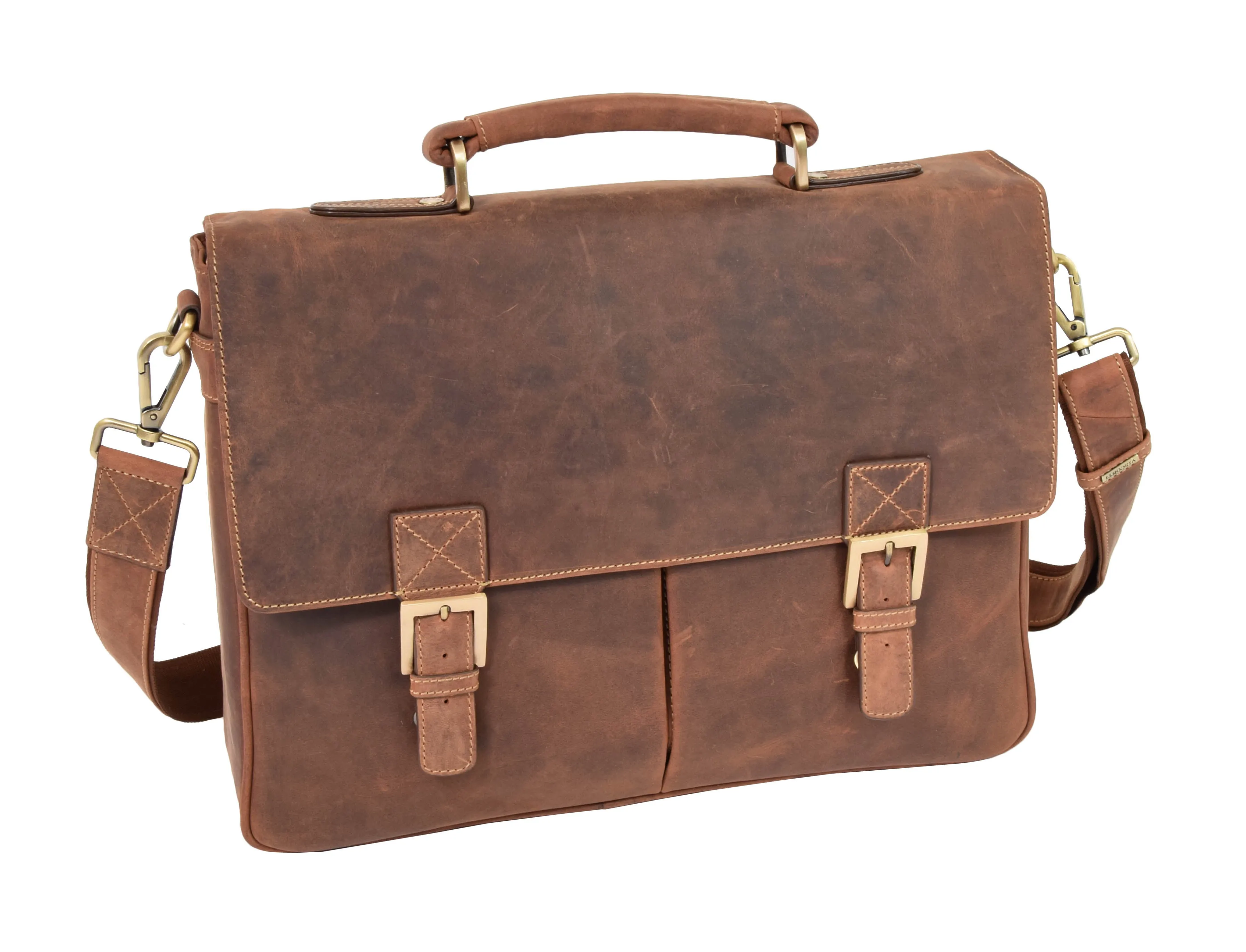 DR376 Men's Leather Cross Body Flap Over Briefcase Tan
