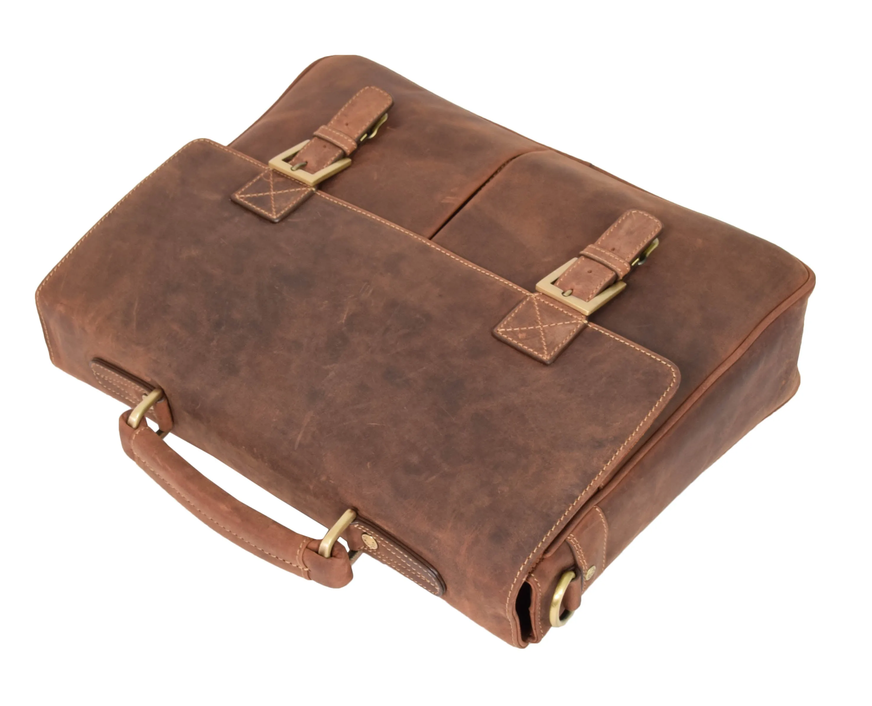 DR376 Men's Leather Cross Body Flap Over Briefcase Tan